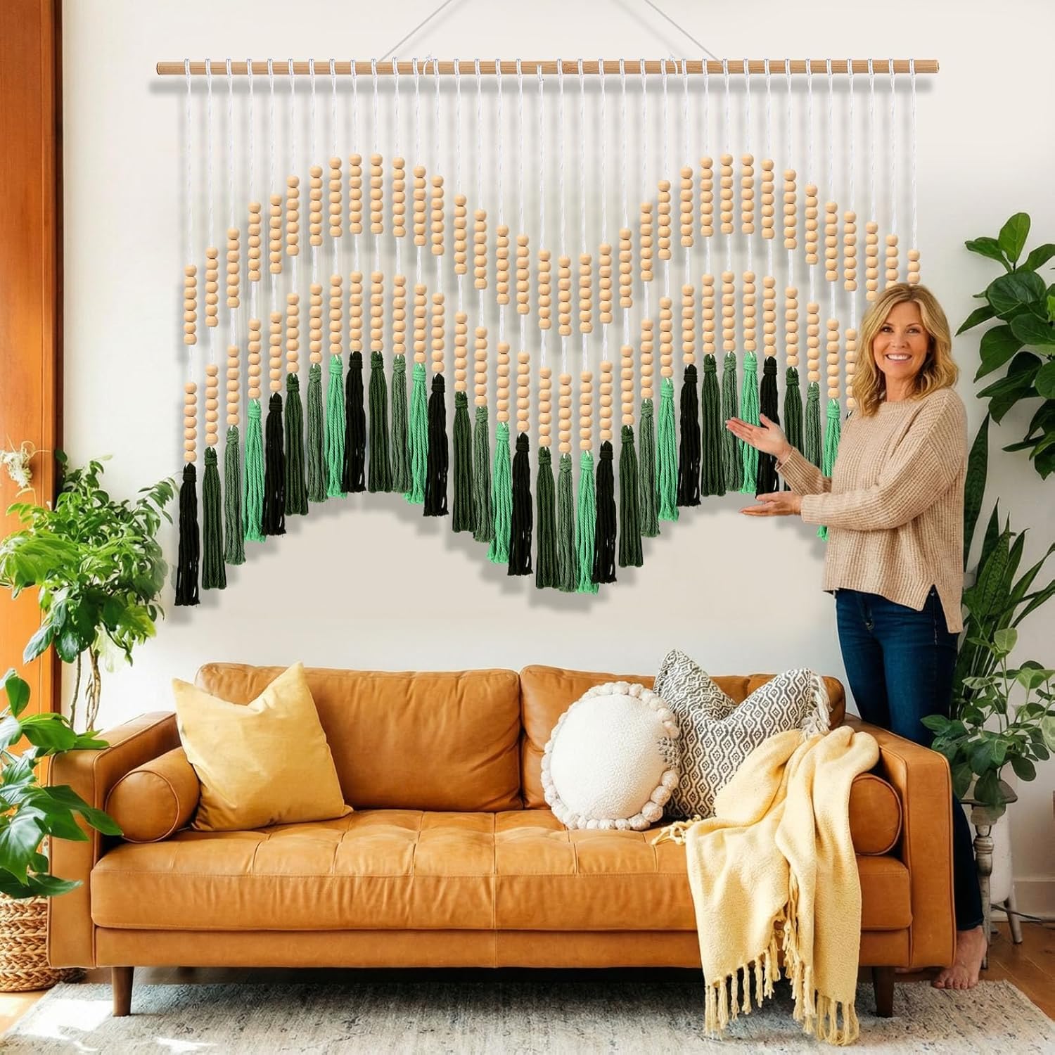 Tiamon Boho Wall Decor - 59'' W x 42'' L Macrame Wall Hanging Beaded Large Tapestry Art for Home Bathroom Farmhouse Bedroom Living Room Office Natural Modern Rustic Decoration