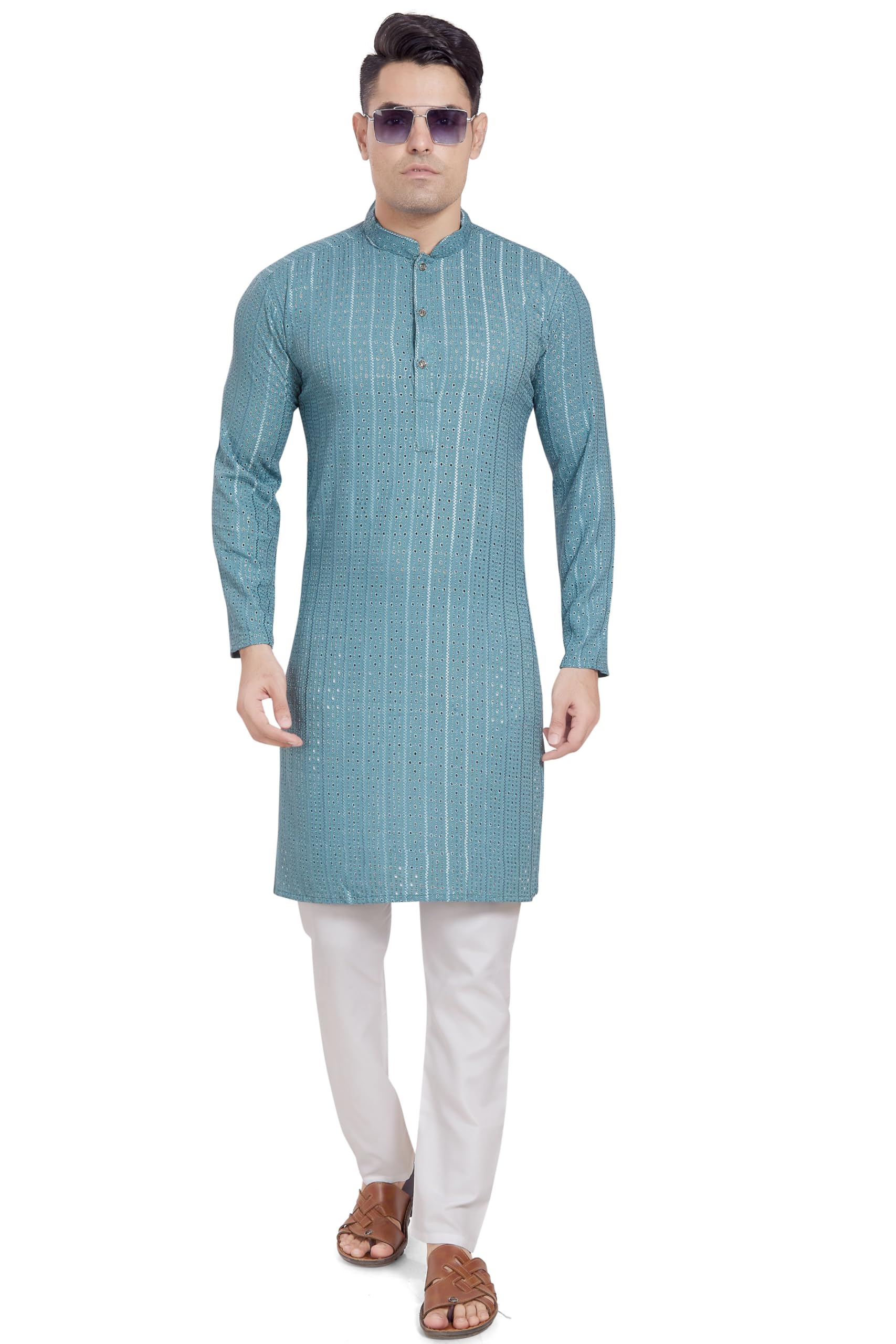Divisive Men's Embroidered Cotton Blend Only Slim Fit Kurta (Dkrt379_Xxxl_Sky Blue)