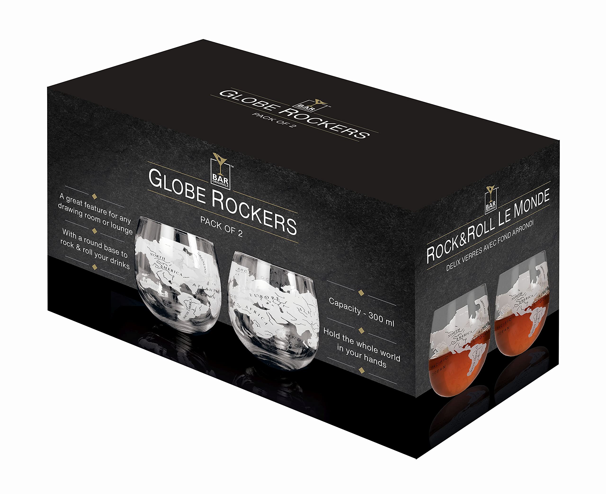 Bar Originale Set Of 2 Globe Rocker Glasses - 300ml Clear Glass - Unique Cocktail & Whiskey Tumblers