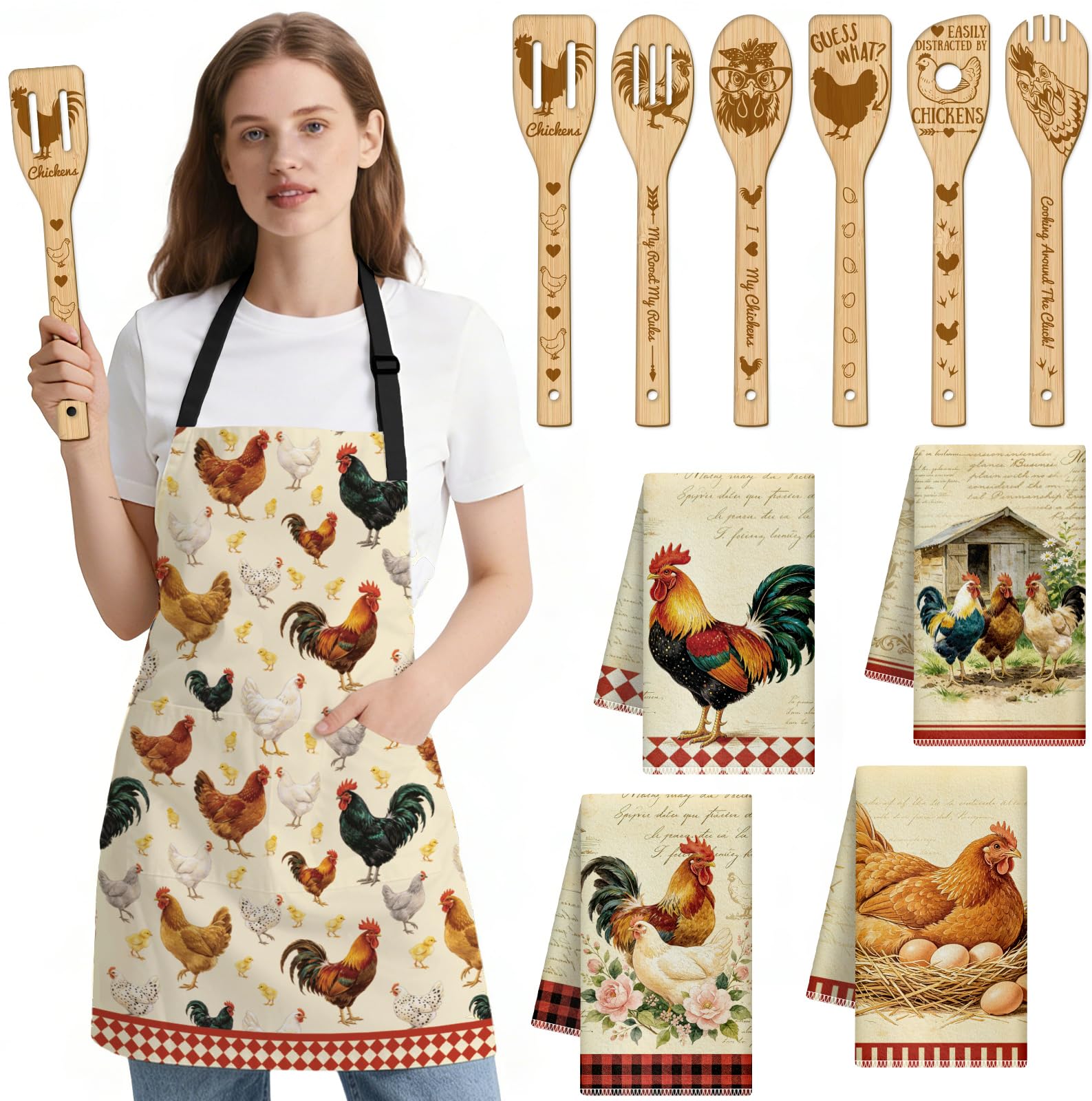 Regalos de cocina de pollo para mujer: juego de cucharas de madera e inauguración