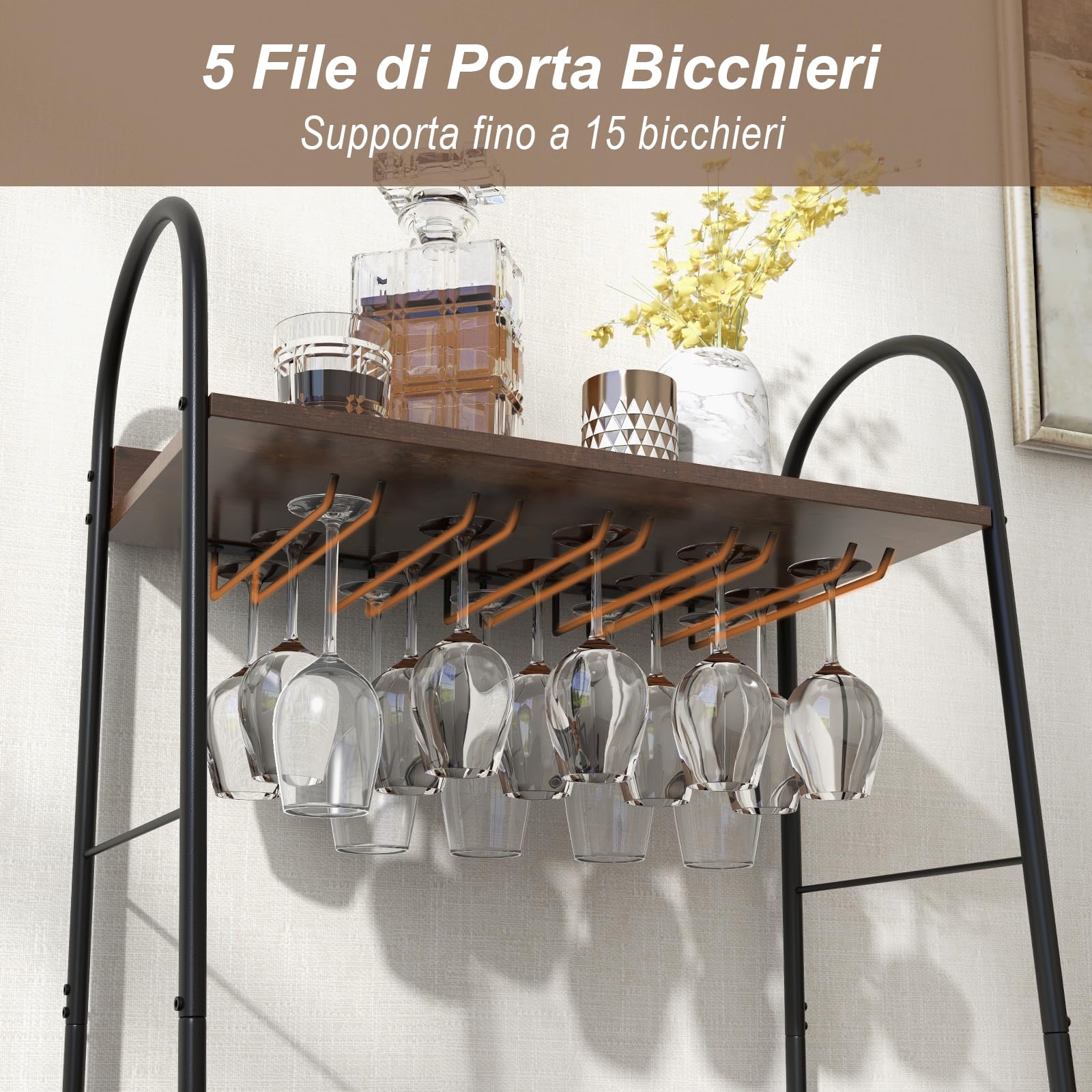 GYMAX Portabottiglie di Vino da Terra per 18 Bottiglie e 15 Calici, 63 x 32 x 114,5 cm, Cantinetta Vino, Portabottiglie Staccabile, 2 Ripiani Aperti, Scaffale Porta Vino per Casa Bar, Marrone