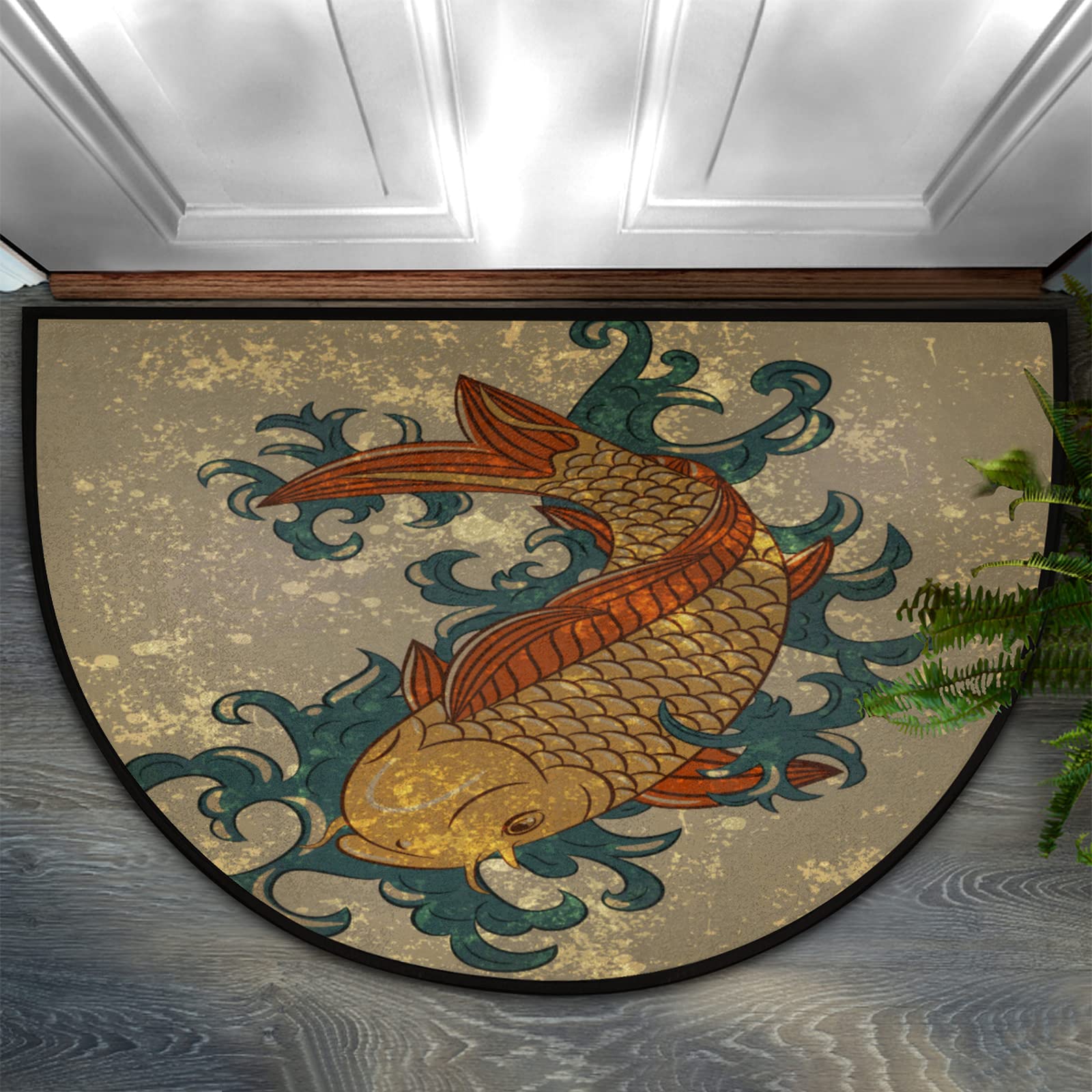 Retro Japanese Koi Half Round Entrance Door Mat Non-Slip Rubber Backing Welcome Doormat Heavy Duty and Durable Outdoor and Indoor Entrance Rug EntryWay Dirt Trapper Front Door Mat