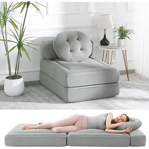 HOMBYS Folding Sofa Bed, Foldable Sofa Bed Couch with Pillow - Convertible Sleeper Chair, Modern Corduroy Futon & Lounge Mattress for Living Room, Bedroom, Dorm, Apartment - Single Size, Grey