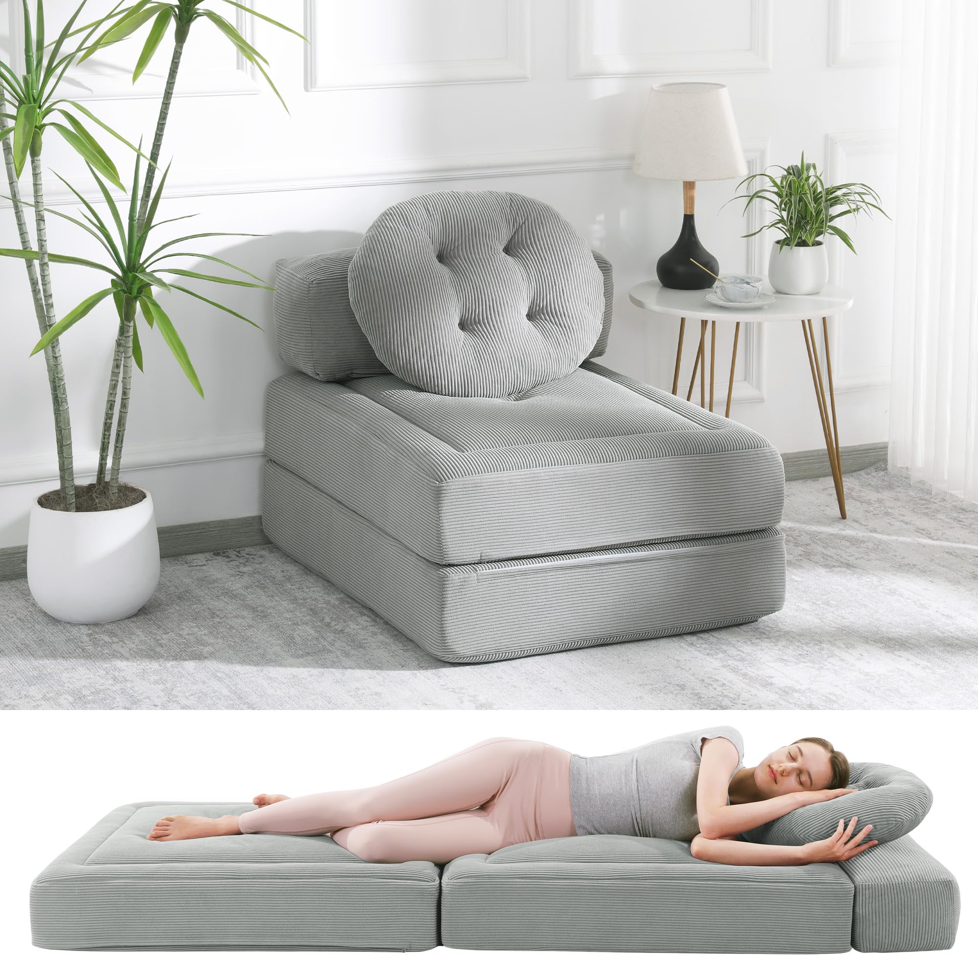 Folding Sofa Bed Loveseat - Convertible Floor Couch With Pillow, Pull-Out Sleeper For Living Room, Bedroom, Studio (Corduroy)