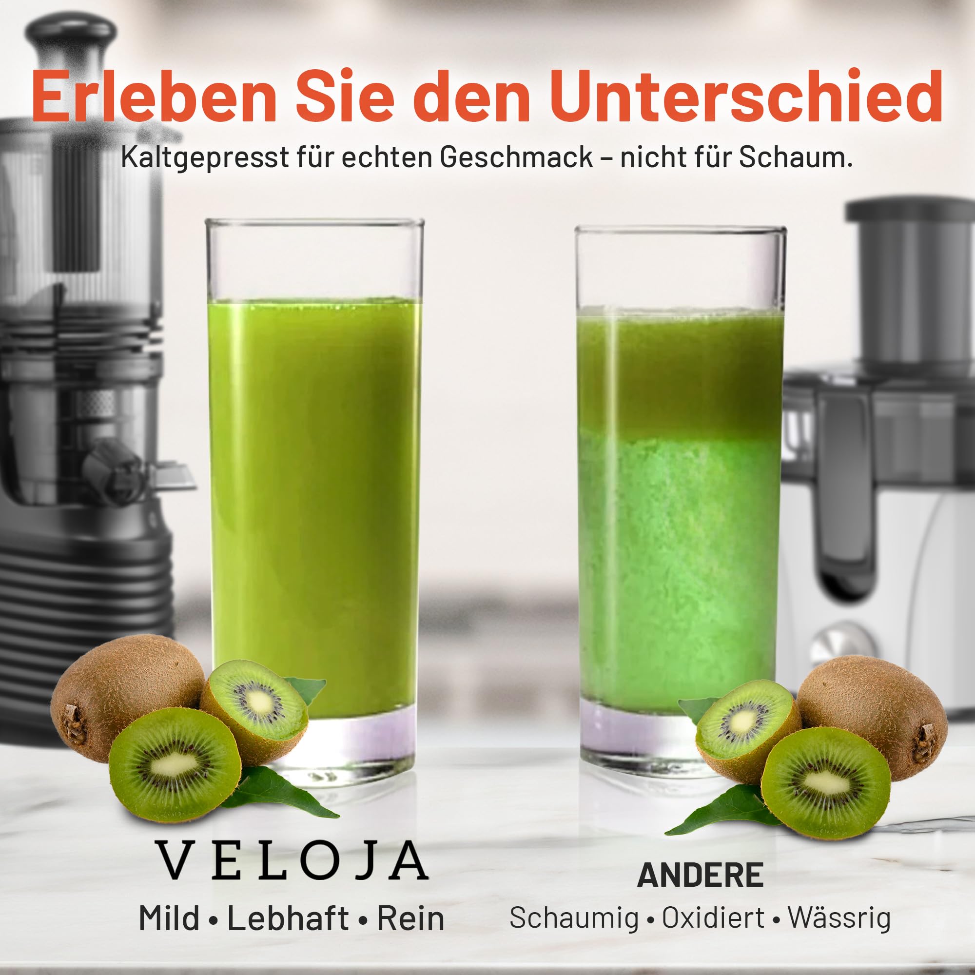 VELOJA Slow Juicer Pro - Kaltpresse Entsafter für ganze Früchte & Gemüse mit 130 mm XL-Einfüllschacht – Ultraleiser Motor – Leicht zu reinigen – Inkl. Rezeptbuch für Säfte & Tresterrezepte