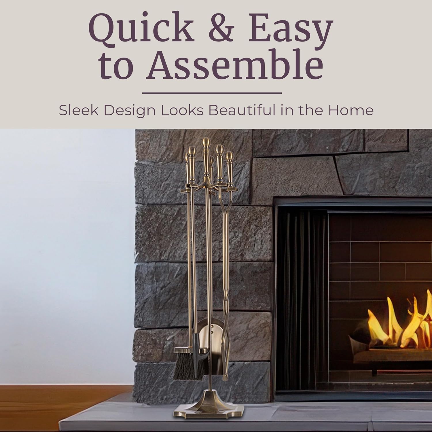 Lavish Home 5 Piece Fireplace Tools Set Indoor Outdoor - Fireplace Accessories Set with Poker,Tongs, Brush, Shovel, and Stand - Fire Tools for Fire Places, Firepits, and Woodstoves (Antique Brass)