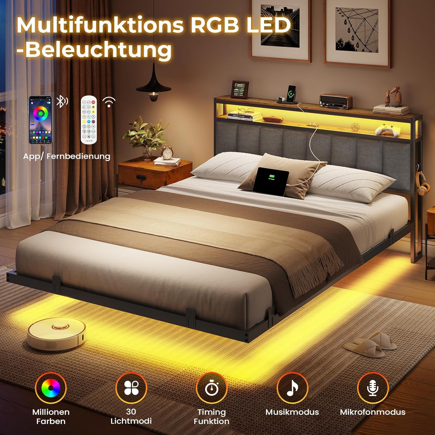 AOGLLATI Letto Matrimoniale, Letto 160x200 cm con Illuminazione a LED e Stazione di Ricarica, Struttura Letto con Testiera Imbottita, Effetto Visivo Levitante, Stile Minimalista, Grigio Scuro
