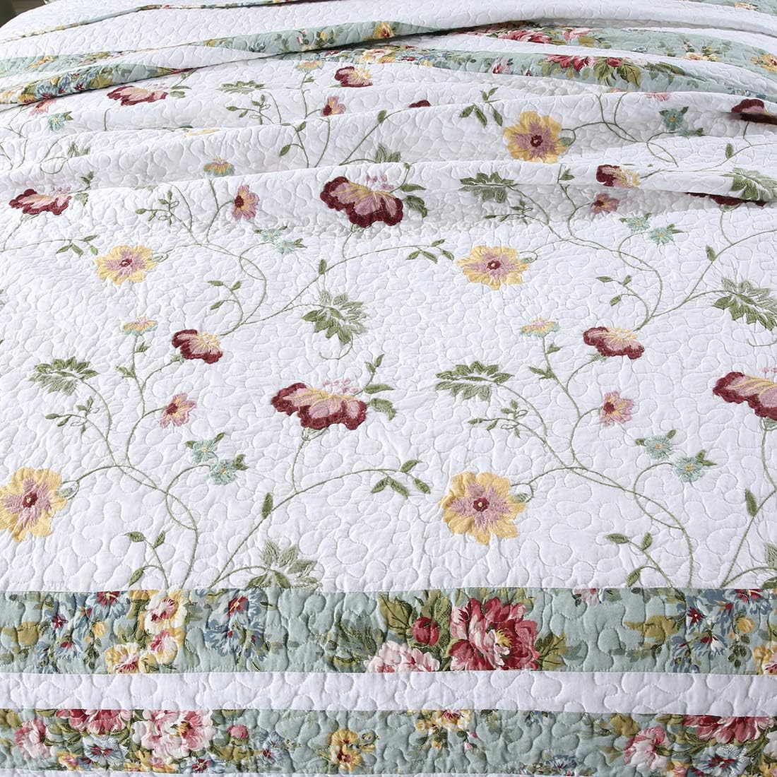 vctops 3-Piece Embroidered Floral Cotton Quilt Set Elegant Reversible Lightweight Soft Bedspread Coverlet with 2 Pillow Shams (Floral, Full/Queen)