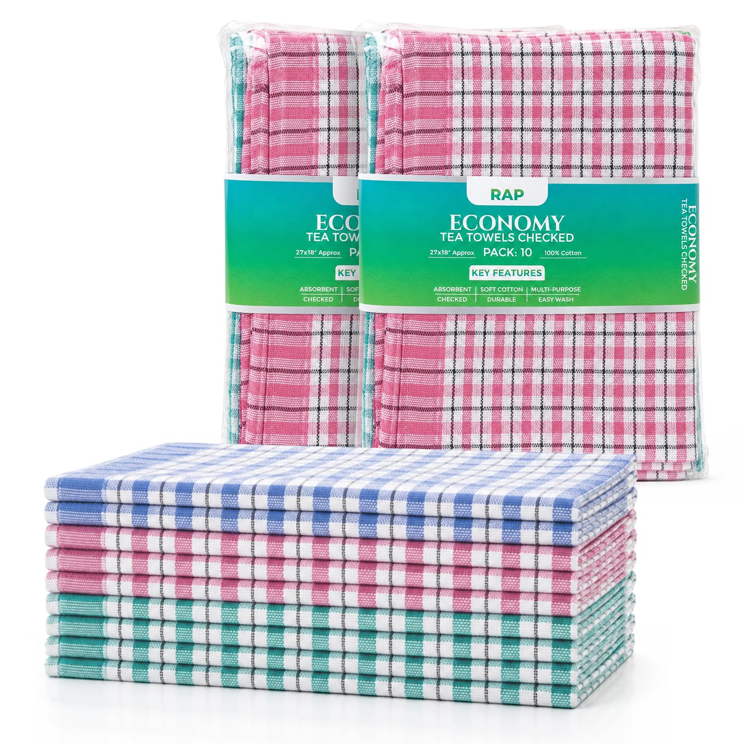 RAP Gloves x20 Economy Tea Towels 27 x 18 inches โ 100% Cotton Kitchen Economy Towels Set, Soft & Highly Absorbent Lint Free Dish Cloths and Bar Towels, Everyday Kitchen Dish Towel.