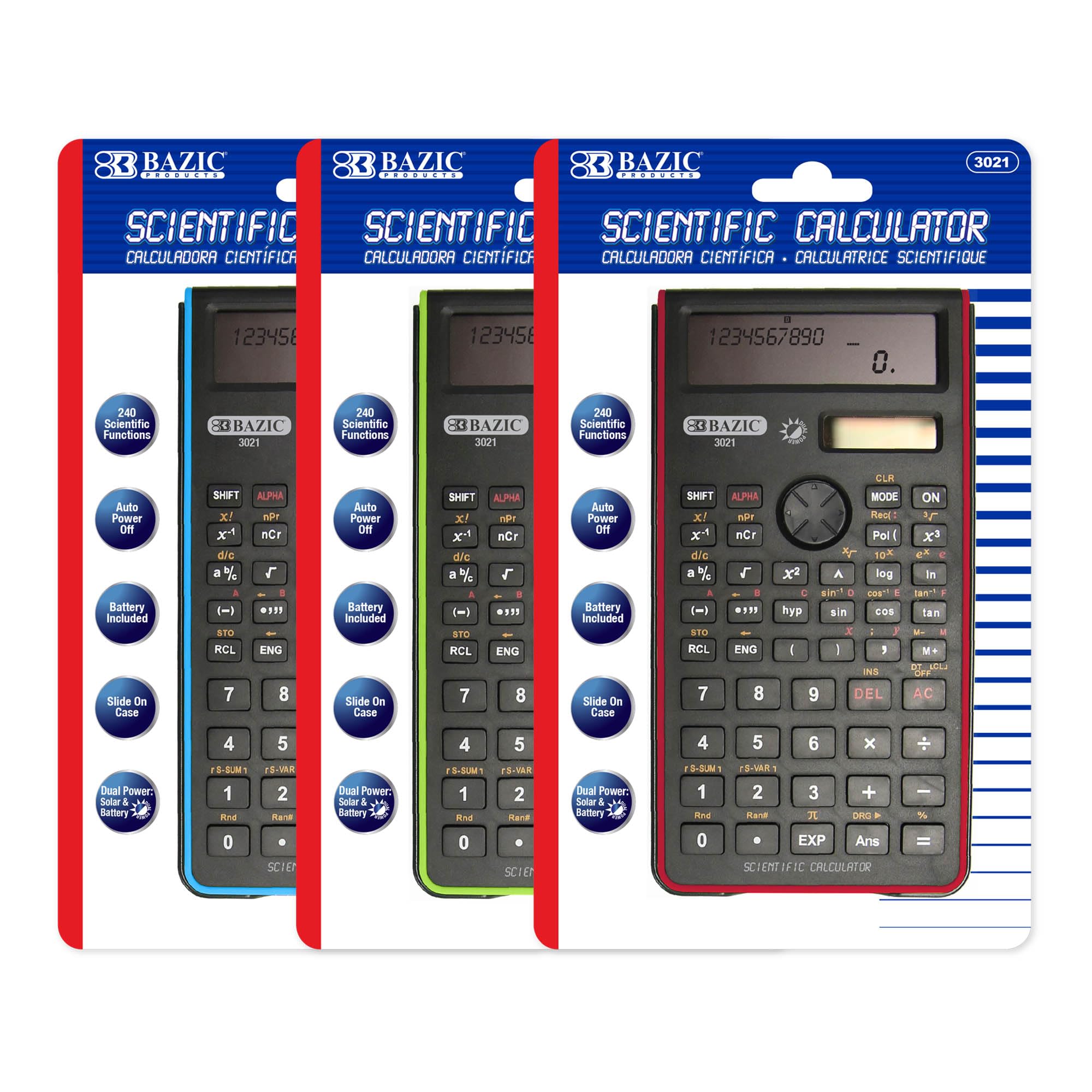 BAZIC Products Calcolatrice scientifica a 240 funzioni, doppia batteria ibrida e solare, custodia scorrevole, display LCD, per professionisti, confezione da 3