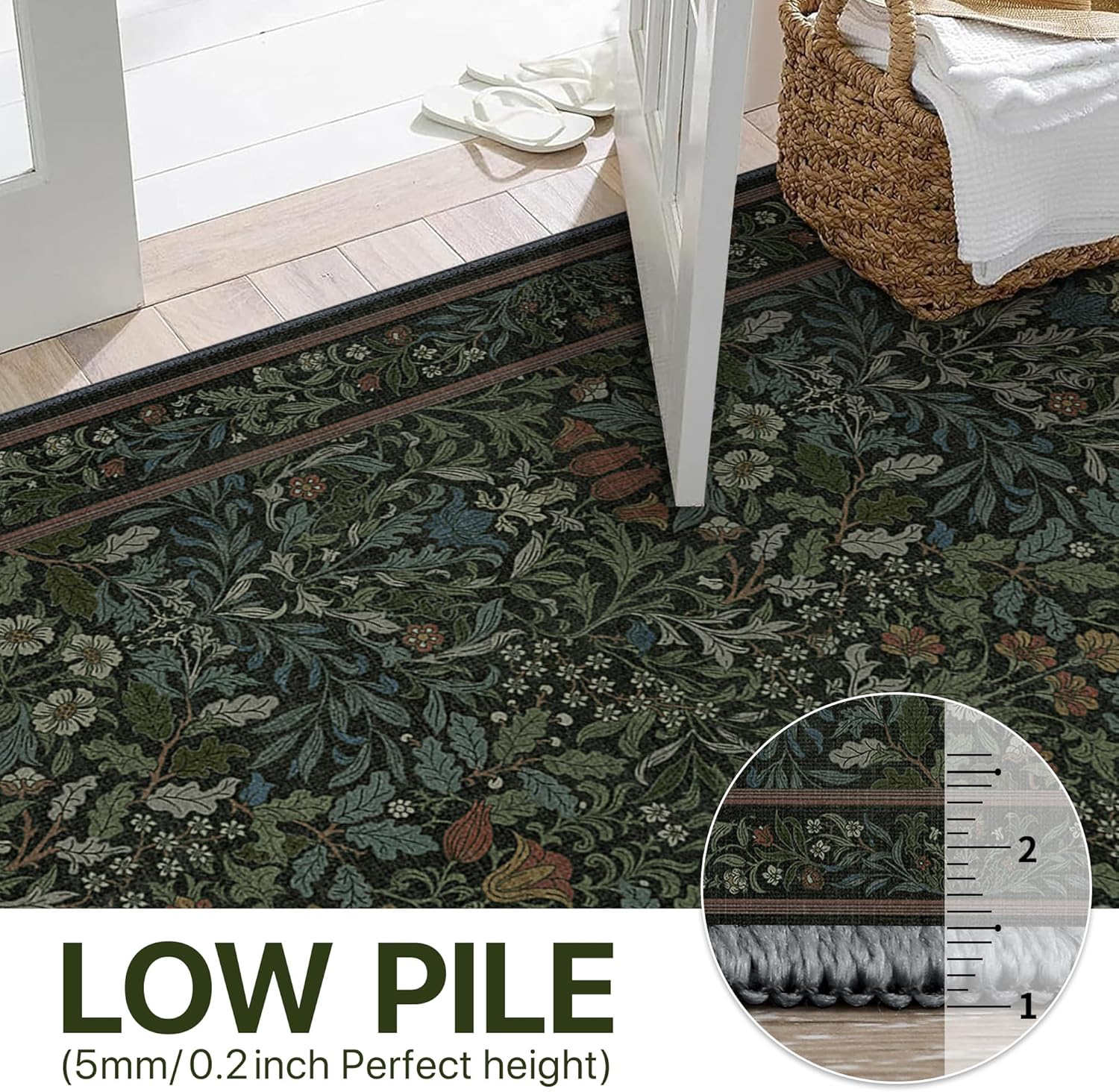 Bavni 2x3 Small Area Rug Machine Washable Non Slip, Vintage Floral Throw Rug, Low Pile Thin Lightweight Carpet for Entryway, Hallways, Kitchen and Bathroom, Dark Green