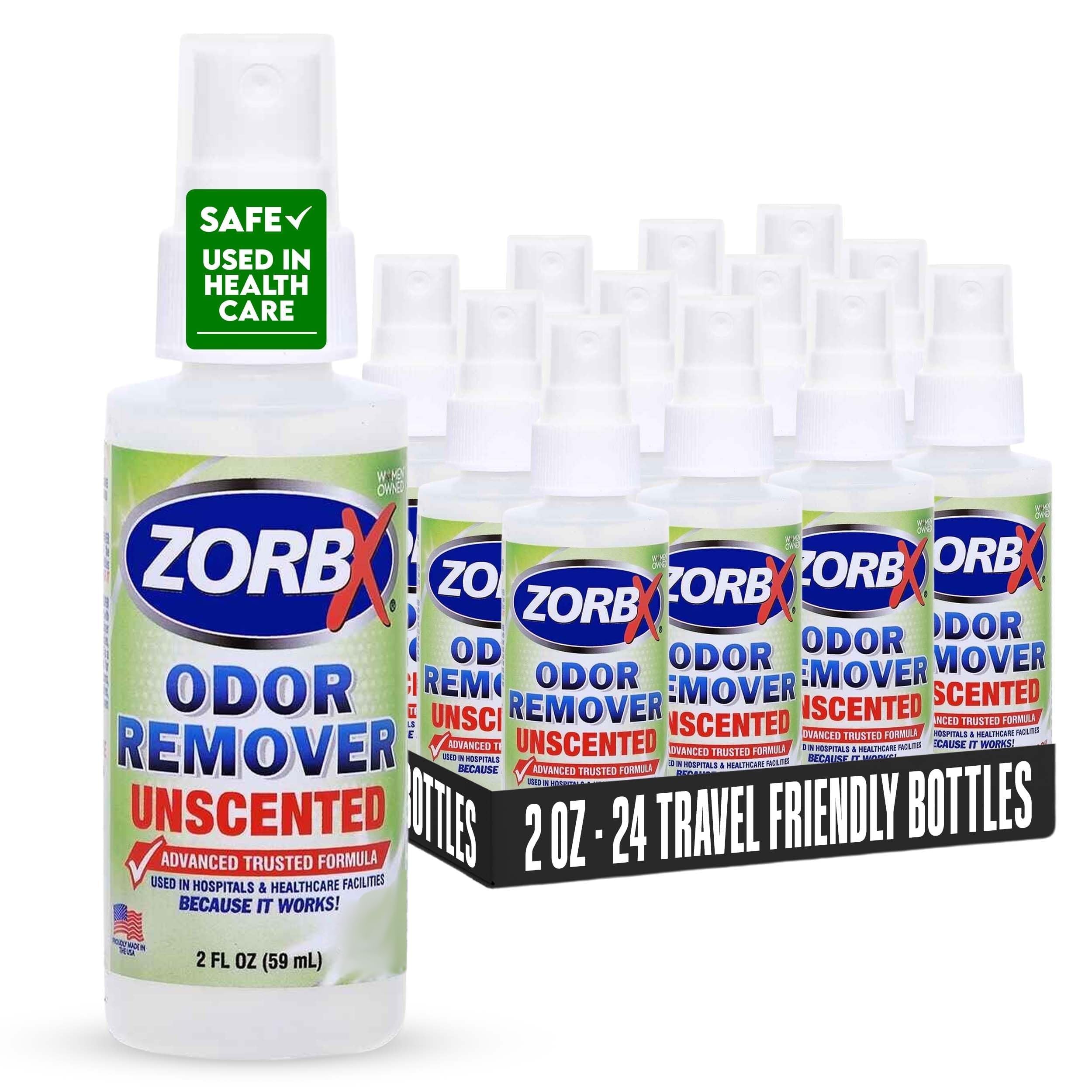 ZORBX Eliminador de olores sin perfume para olores fuertes, 2 onzas, paquete de 24, utilizado en hospitales e instalaciones sanitarias, fórmula avanzada de confianza, spray removedor de olores de