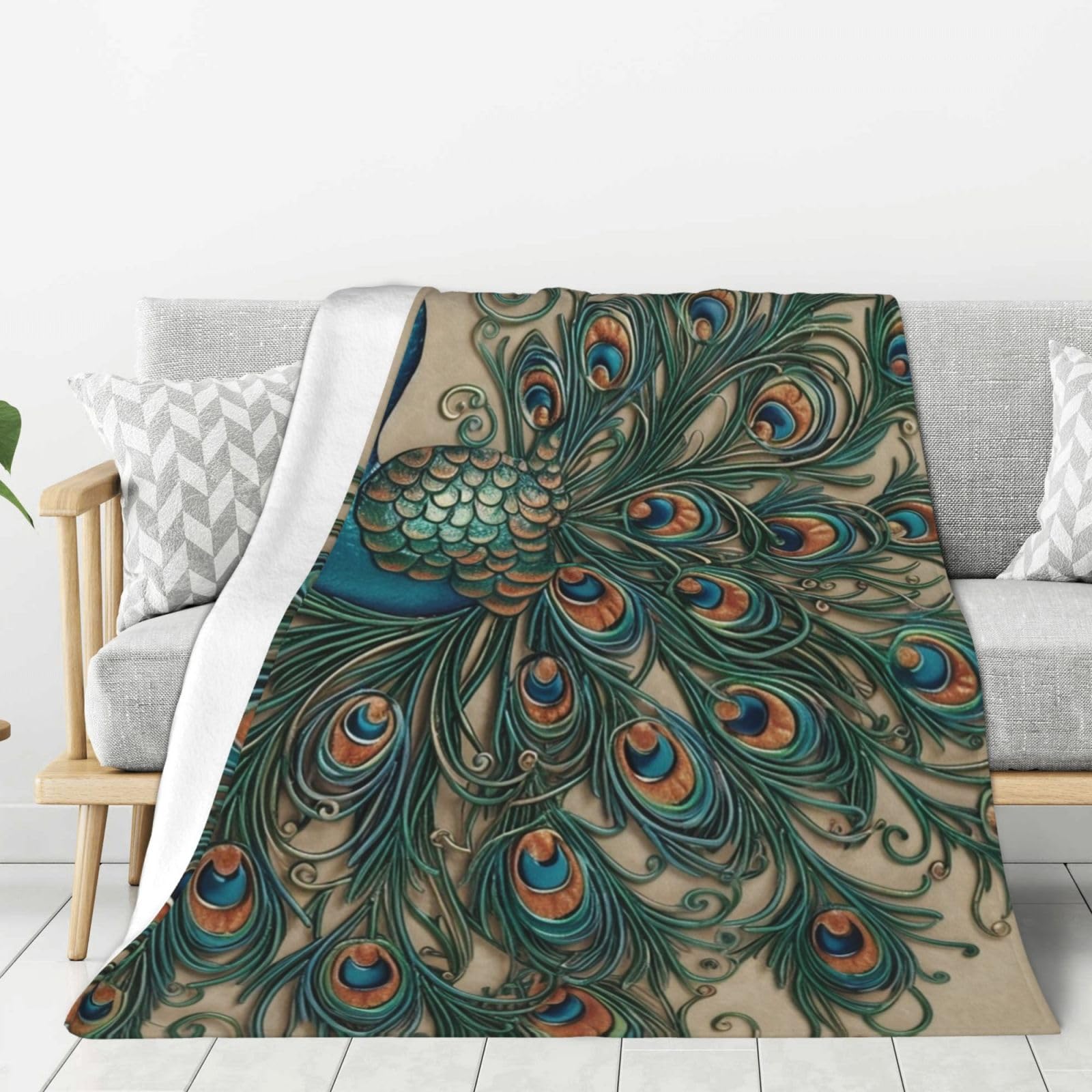 Couverture polaire douce motif paon pour vos soirées cocooning et voyages