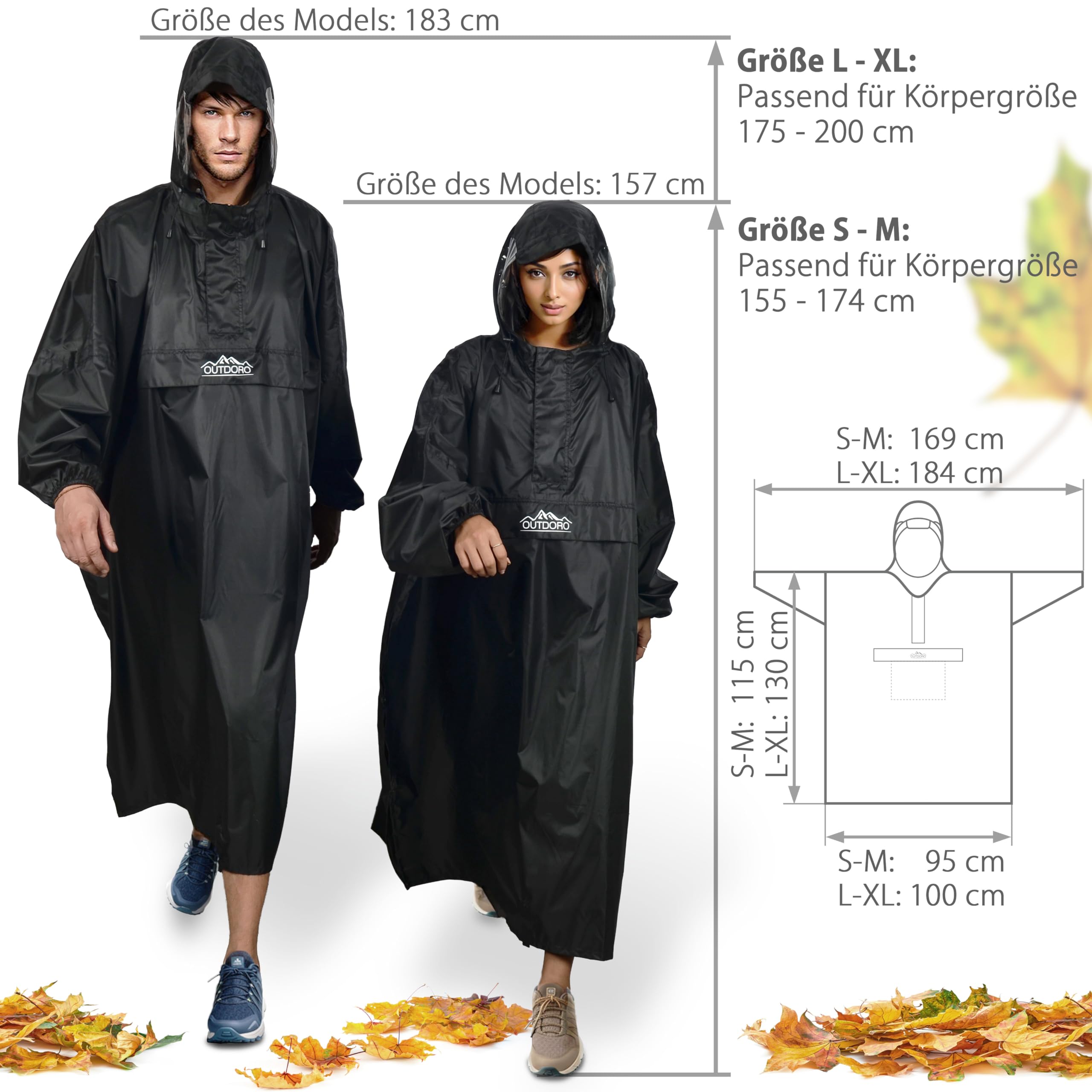Outdoro - Poncho de lluvia de manga con ventana de navegación en el bolsillo en el pecho, cremallera y ventana - Poncho para hombre y mujer adulta, negro, G-XL