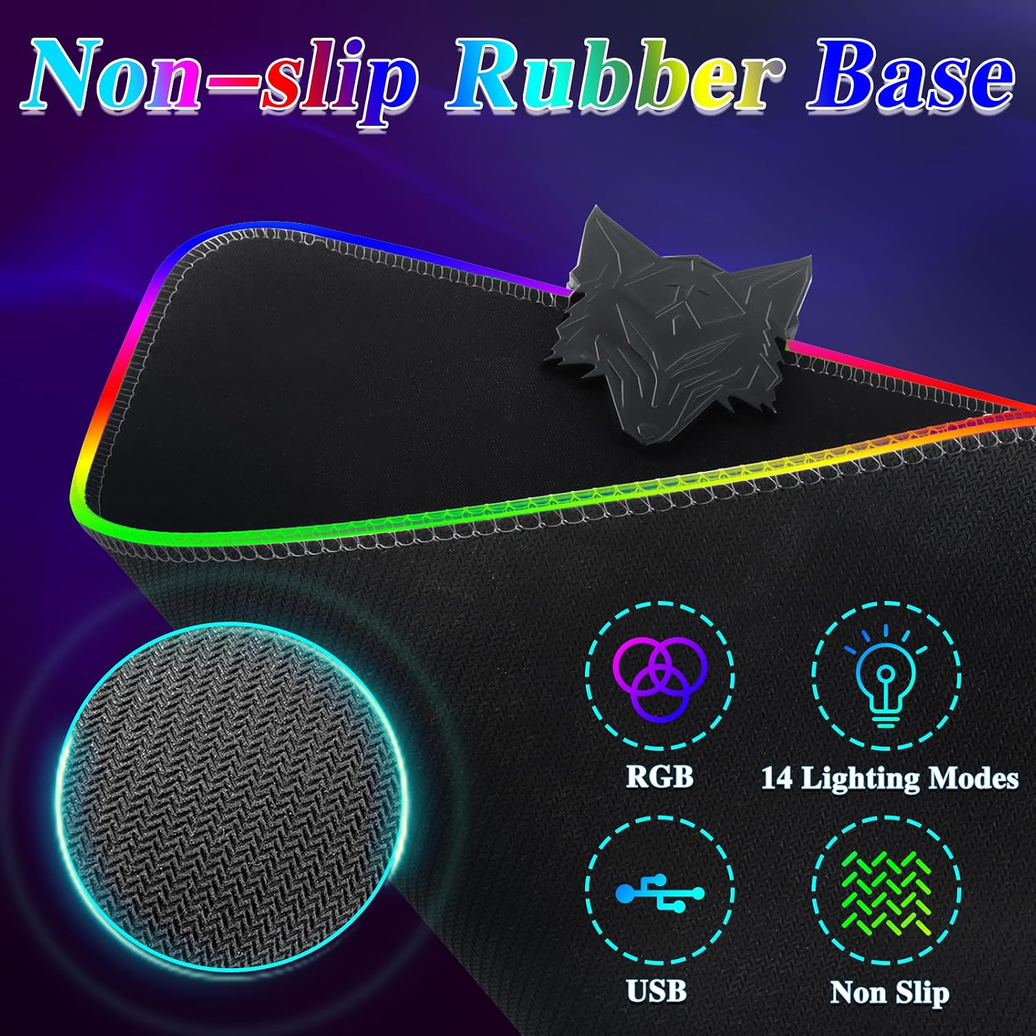 Close-up of the non-slip rubber base texture and icons representing RGB, 14 lighting modes, USB power, and non-slip features