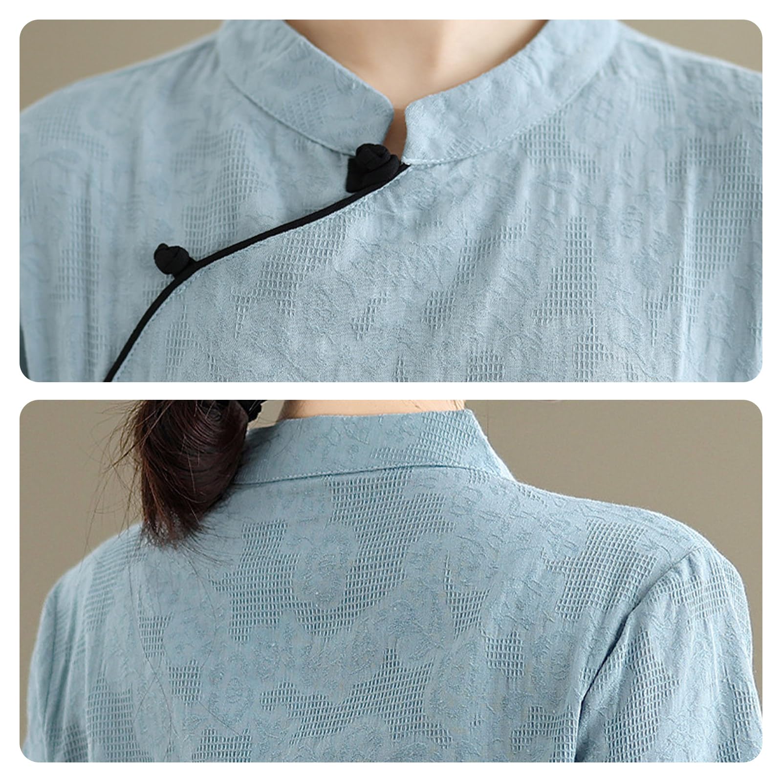 CHUIKUAJ Tenue de Tai Chi à Manches Courtes pour Femme, Ensemble Rétro en Coton et Lin, Tenue de Méditation Zen, Chemise Jacquard de Style Chinois + Pantalon Brodé