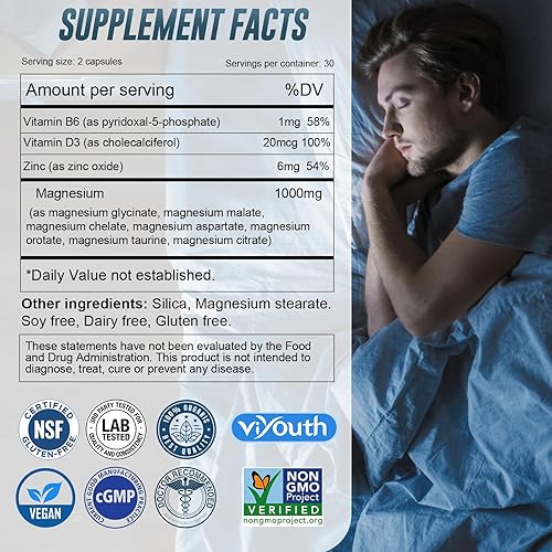 Miniatura 2 de Suplemento de glicinato, complejo de magnesio 7 avanzado con citrato, malato, quelato, taurato, orrotato aspartato, cápsulas con zinc, vitamina D3 y