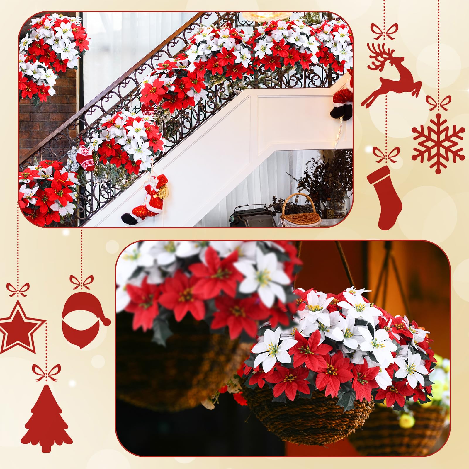 Tigeen 50 flores de Pascua artificiales de Navidad con 7 cabezas de flores de Pascua artificiales para cementerio al aire libre, corona de Navidad, decoración de jardín (rojo y blanco)