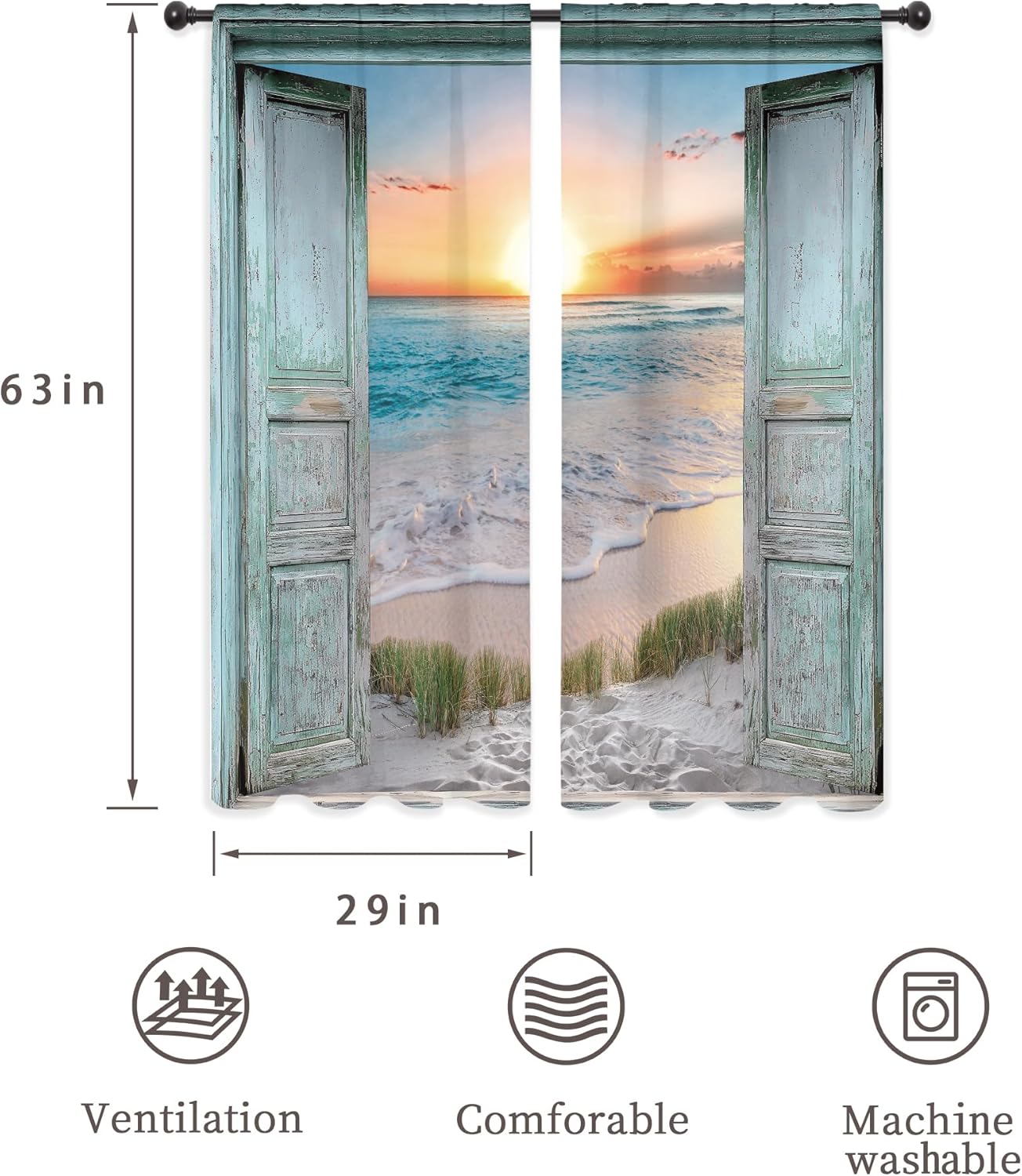Riyidecor Beach Coastal Curtains Short Small Ocean Teal Blue Sunrise Seaside Seascape Rustic Barn Door Wood Seashore Rod Pocket Nautical Bedroom Living Room Treatment Fabric 2 Panels 29Wx63H Inch