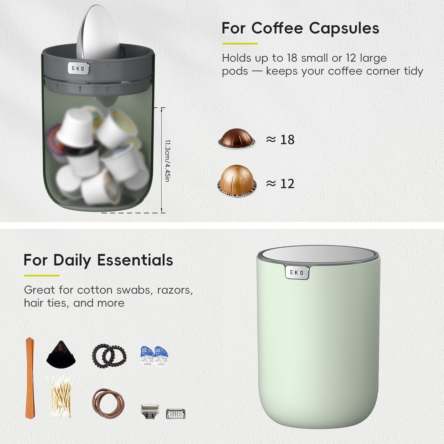 EKO Fandy 0.58 Gal/2.2L Mini Trash Can with Lid, Swing-Top Desktop Trash Can for Bathroom, Countertop, Vanity, Desk or Office, Small Garbage Bin (Sage)