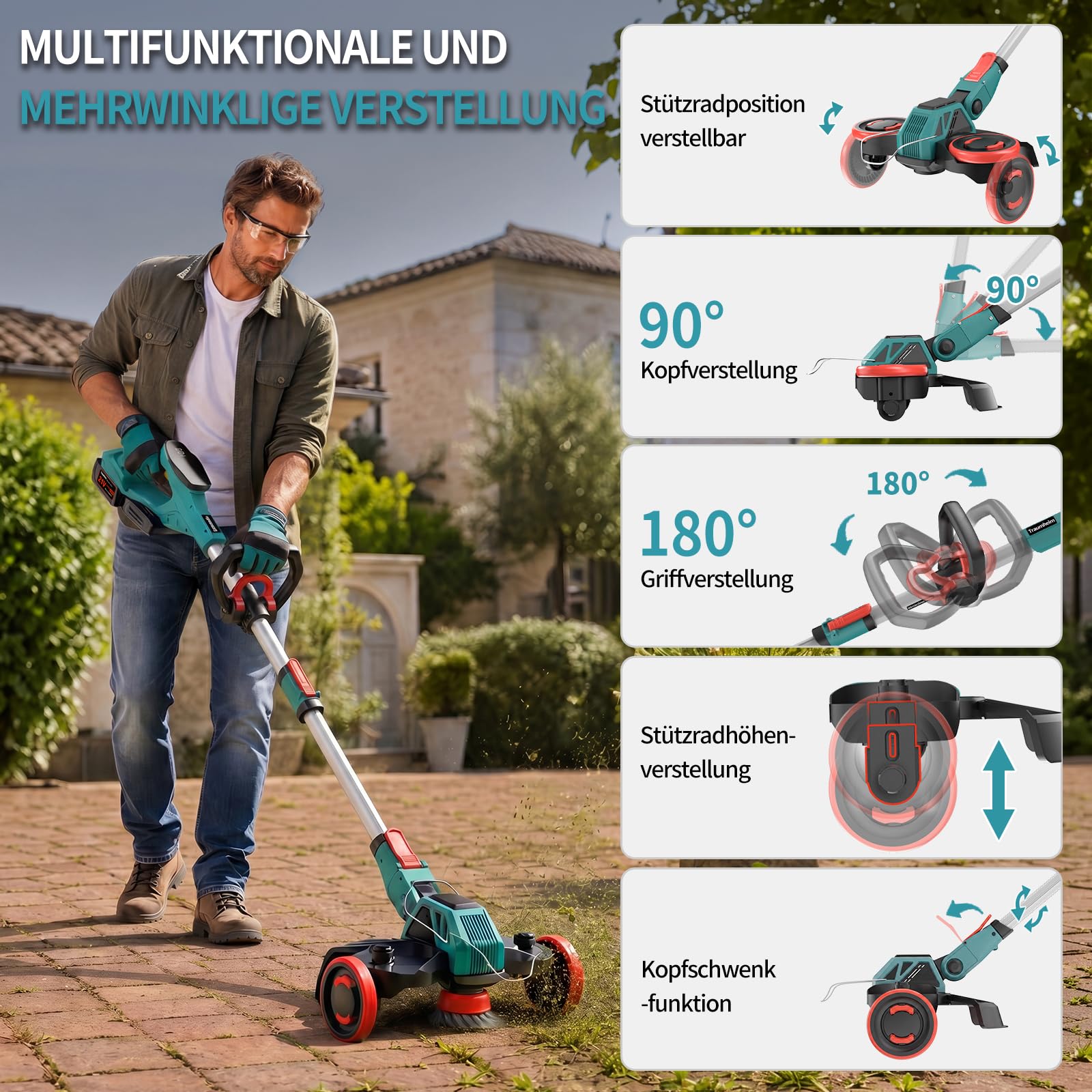 Rasentrimmer mit Akku, 5-IN-1 Rasentrimmer mit Unkrautbürste/Rädern, 21V/2 * 4.0Ah Akku Rasentrimmer, 900W Bürstenloser Motor Akku Freischneider, Akku Motorsense für Rasen, Garten, Hof