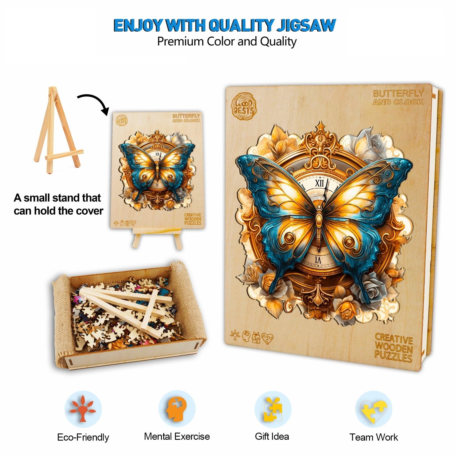 Puzzle in legno per adulti, 270 pezzi, orologio a farfalla, 34 x 31,7 cm, puzzle in legno, irregolare e unico, a forma di animale, con confezione regalo in legno