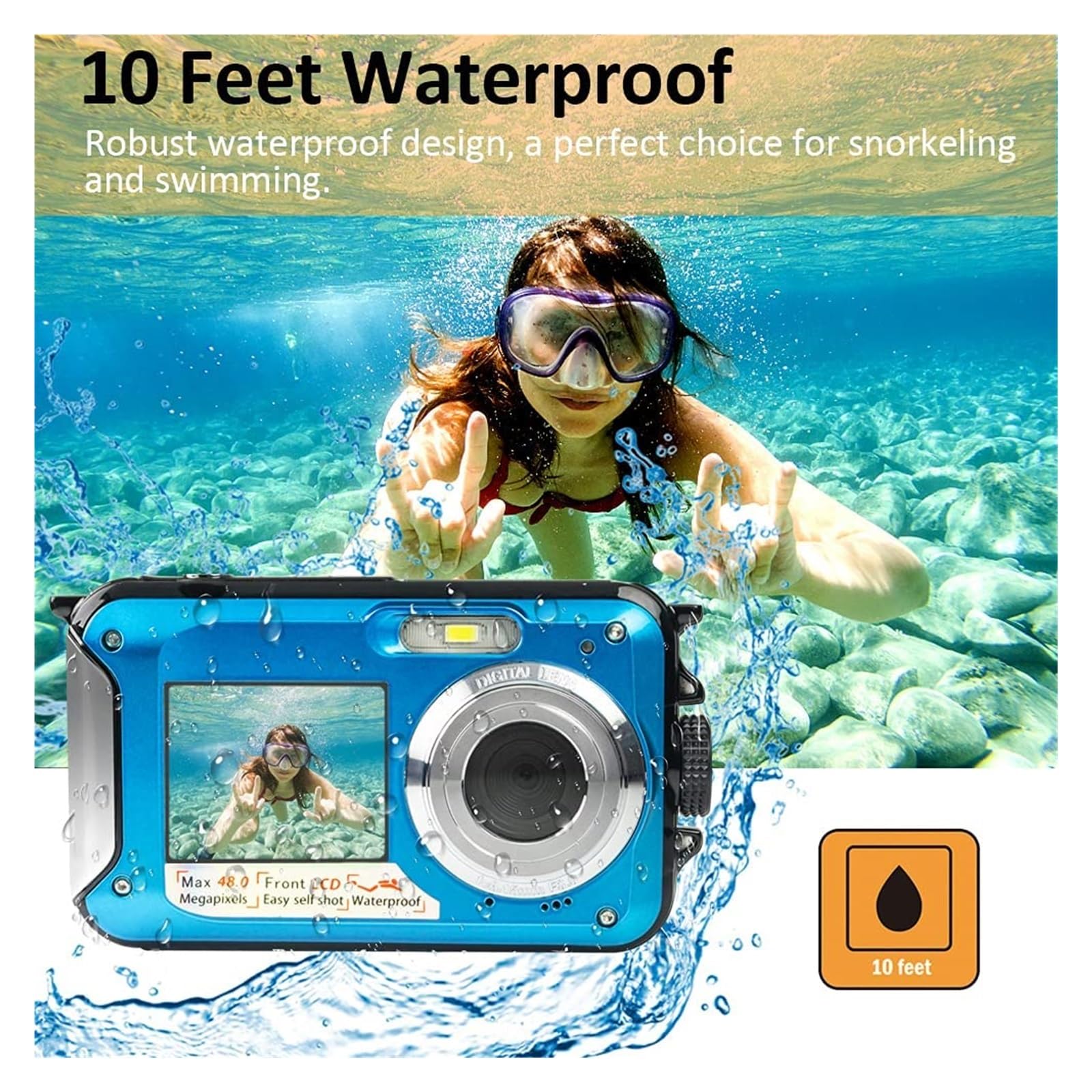 Fotocamera Digitale Subacquea Da 10 Piedi Videocamera Fotografica Impermeabile IP68 Estiva 48MP 2.7K Telecamere D'azione Con Autoscatto A Doppio Schermo Telecamera HD ( Size : NO TF Card , Color : Red