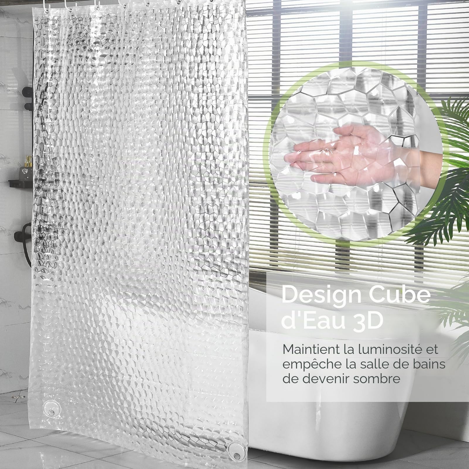 Rideau de Douche 120 x 200cm, 3D Semi Transparent EVA Anti Moisissure Imperméable avec 8 Anneaux