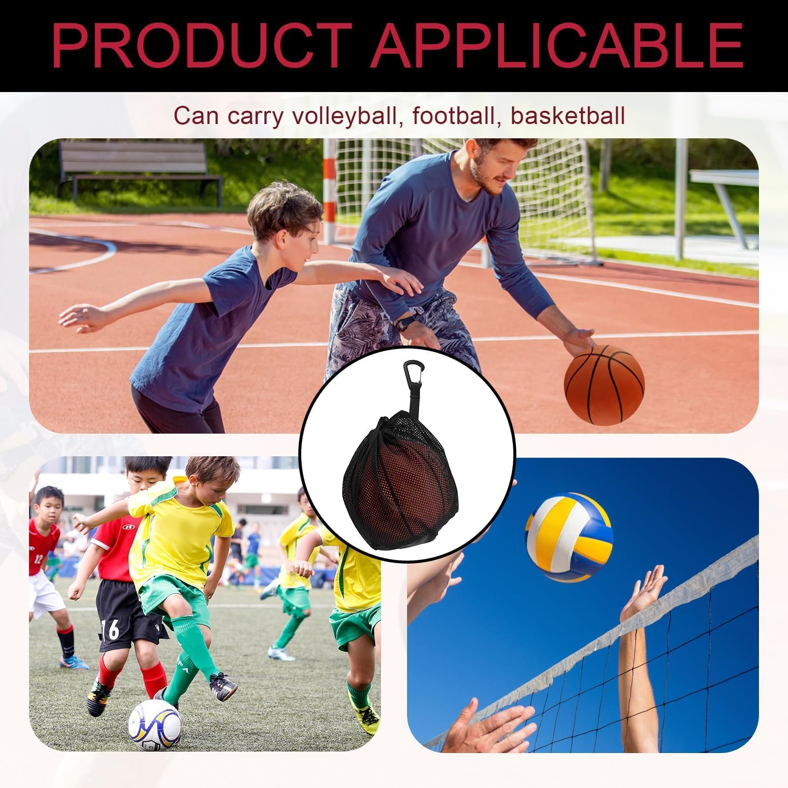 Sac à Ballon Portable avec Filet pour Basket-Ball, Football, Volleyball, Tennis - Gris