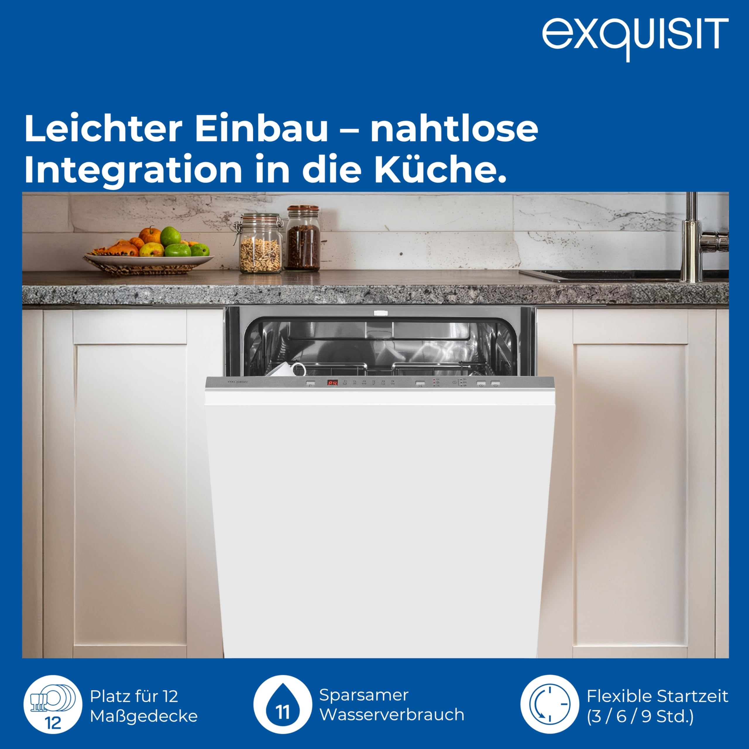 Exquisit EGSP56312-E-030E Einbau-Geschirrspüler 12 Maßgedecke 49 dB leise Aquastop Startzeitvorwahl höhenverstellbarer Korb LED-Anzeige