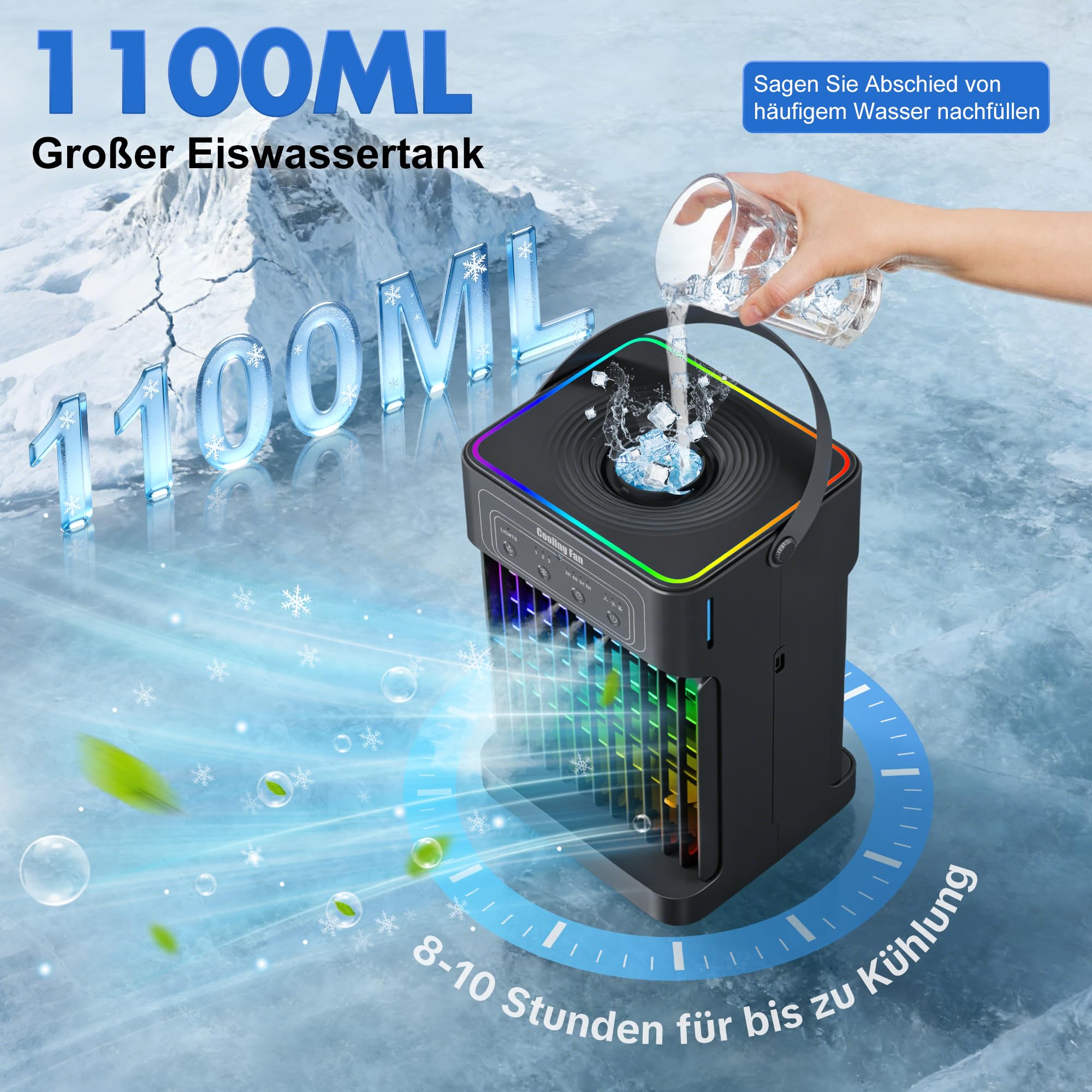 Klimaanlage Mobil, 4-in-1 Mobile Klimaanlage, Ventilator mit Wasserkühlung 1100ml Wassertank, Air Conditioner mit 3 Windgeschwindigkeiten,7 Farben Licht 3 Sprühfunktion, 2-8H Timer für Schlafzimmer