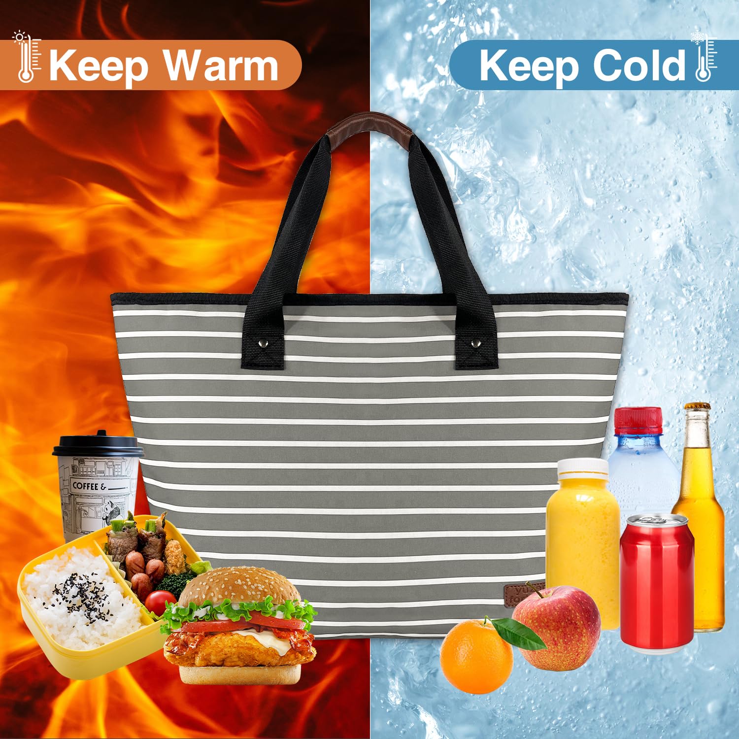 Bolsa térmica grande aislada azul de 30 latas de 18 L, a prueba de fugas, bolsa de comestibles reutilizable, lonchera para picnic, playa, camping, color gris