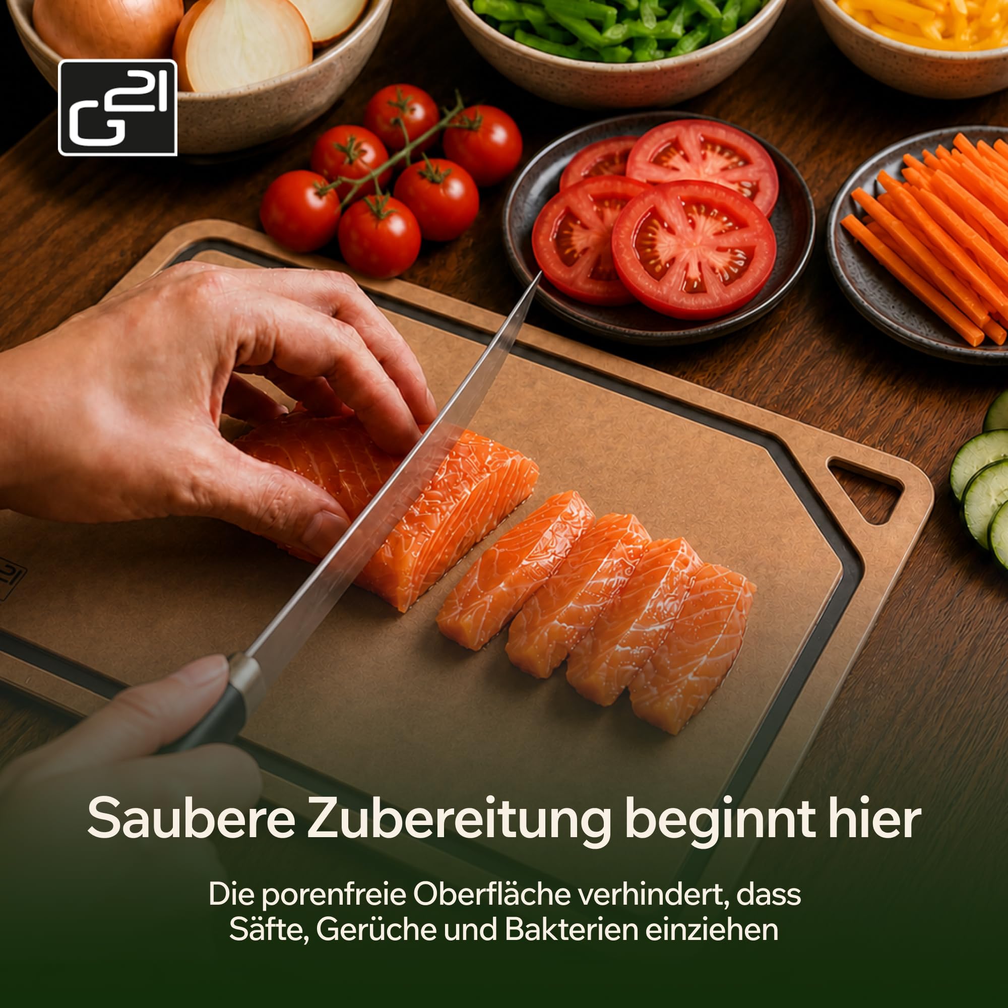 G21 EcoCut Schneidebrett Holzfaser 2er Set Spülmaschinenfest, Braun | BPA- & VOC-frei, LFGB-geprüft, porenfrei, geruchsneutral, mit Saftrille & rutschfesten Füßen, messerschonend, hitzebeständig
