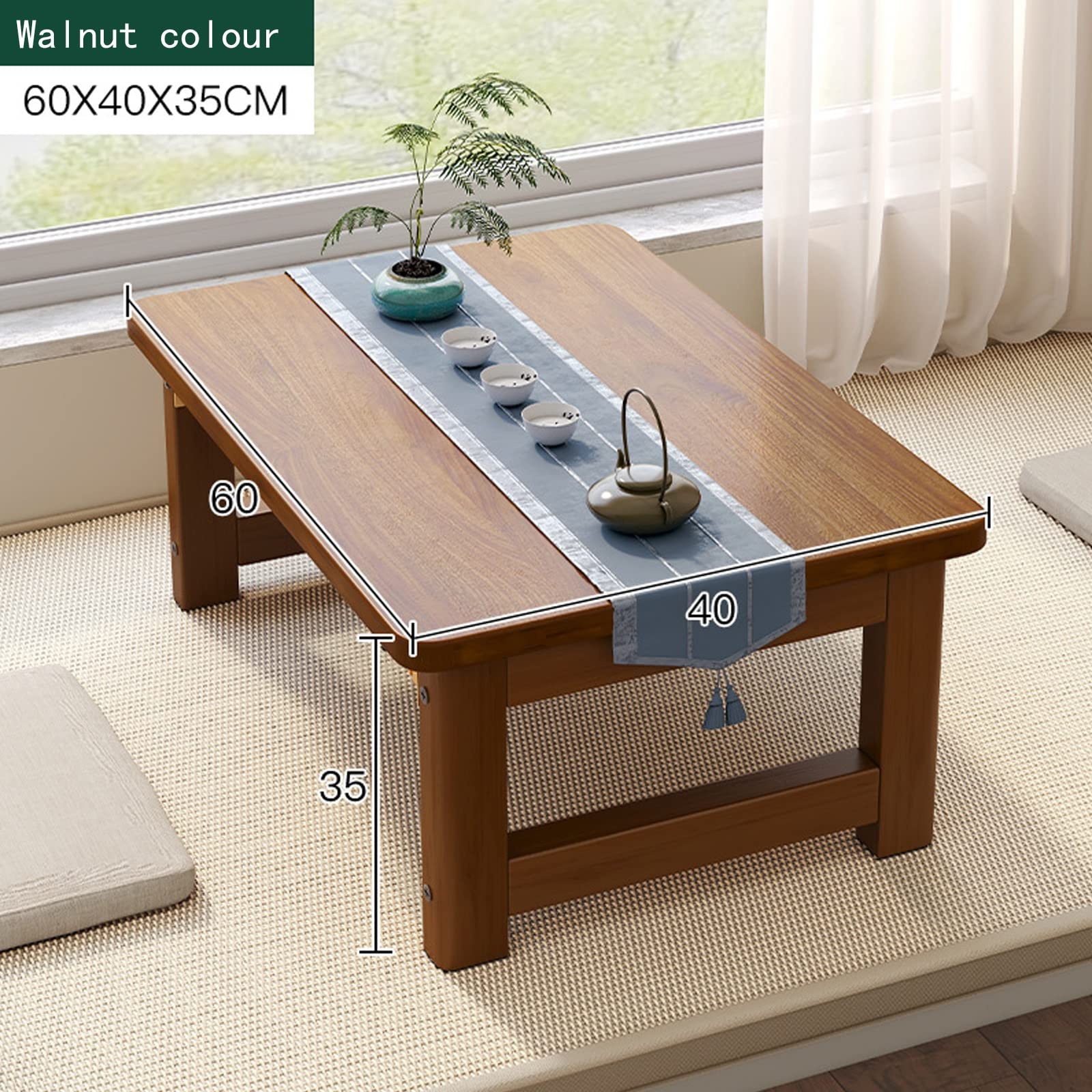 Tavolo in Stile Giapponese, in Legno massello, Pieghevole, Basso, Finitura Noce, Pieghevole per Piccoli spazi, tavolino da caffè, Tavolo da tè, Studio per casa e Ufficio.