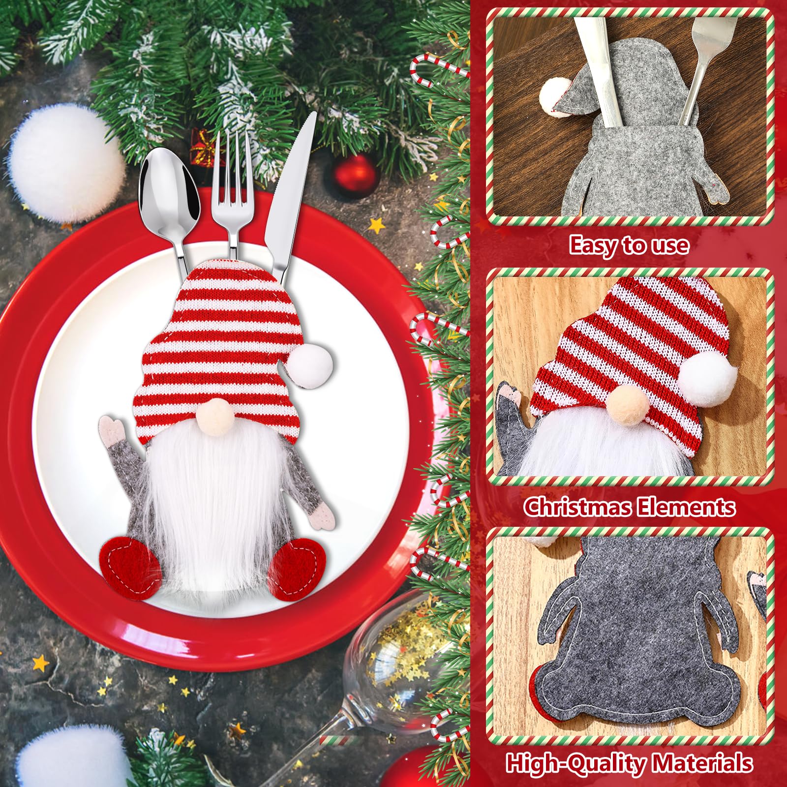 Set Di 6 Portaposate In Feltro Natalizio A Forma Di Gnomo, Rosso - Decorazione Tavola Per Feste Di Natale