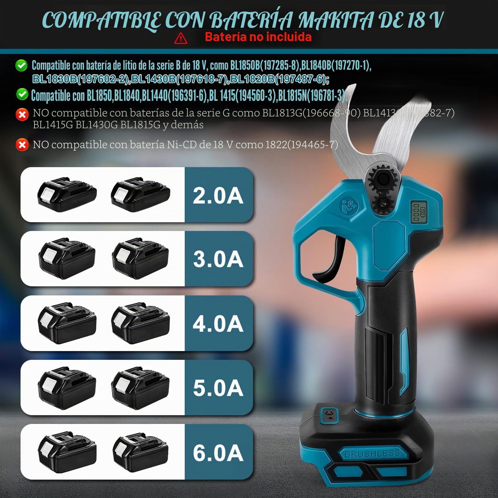 Tijeras de Podar a Batería para Makita 18V (sin Batería) | Podadora Eléctrica sin Escobillas, 2 Velocidades, Pantalla Digital, Corte 30 mm, Piedra de Afilar y Cuchillas