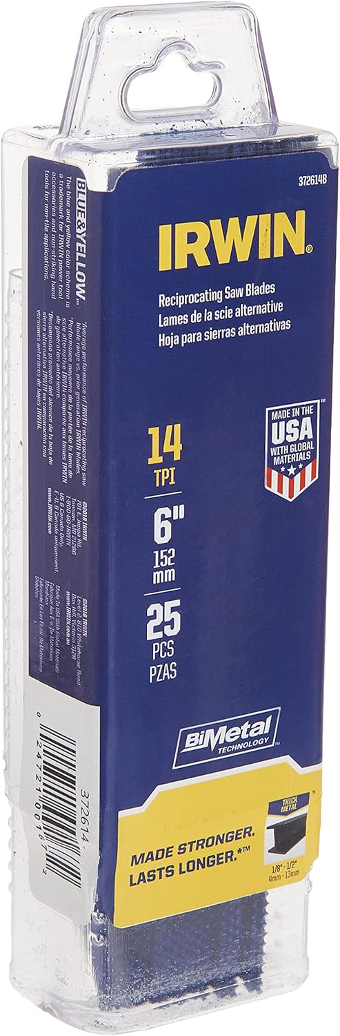 IRWIN Reciprocating Saw Blades, Metal Cutting, 6-inch, 14 TPI, 25-Pack (372614B) - Reciprocating Saw Blades - 