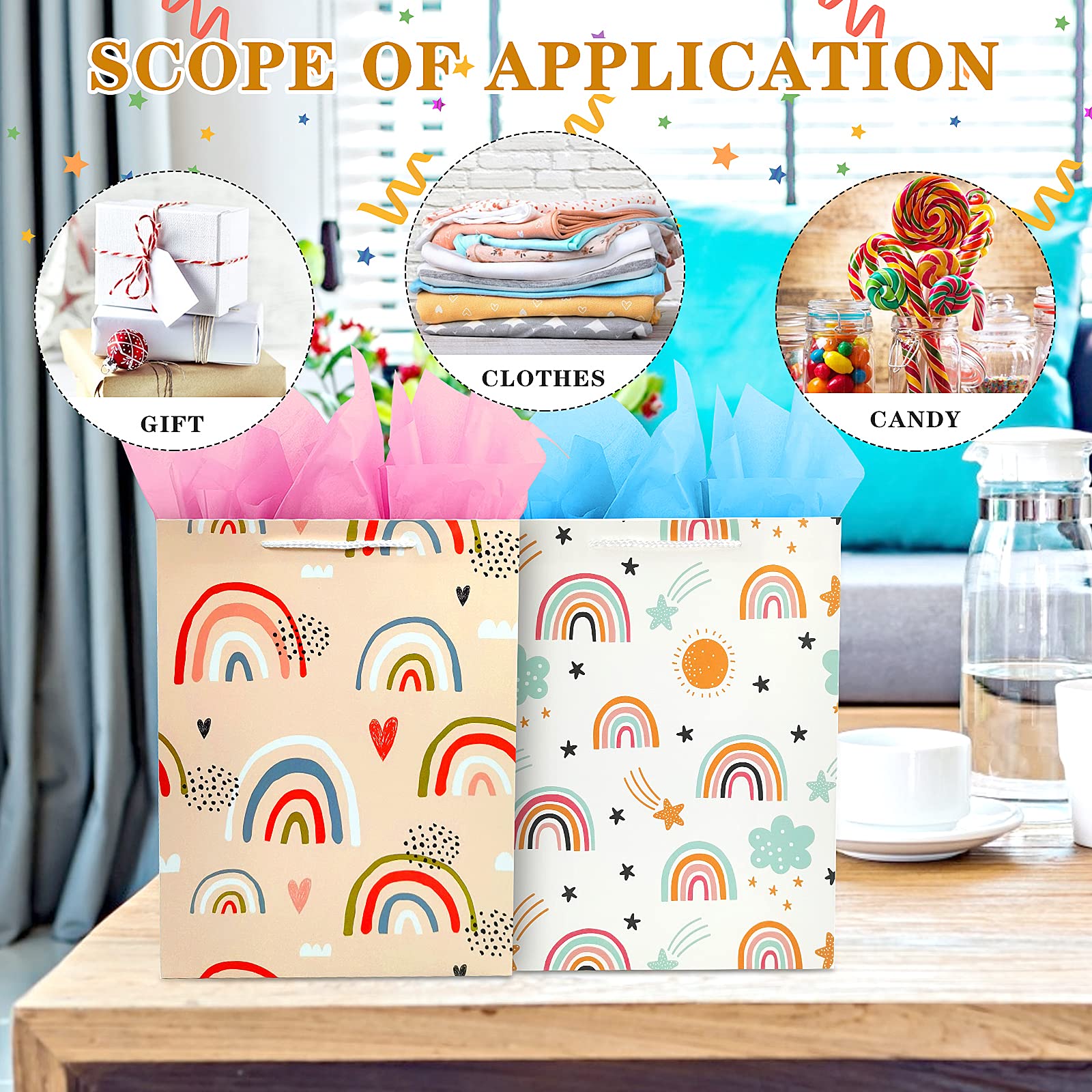 Gift Bag for Girls, Birthday Large Gift Bag Bulk Set Included 2 Pack Paper Gift Bags with Tissue Paper, Rainbow Gift Bags for Kids, Baby, The Colorful Pink Red Gift Bags with Handles, The Pretty Present Bag Gift Bags for Birthday, Party, Baby Shower...