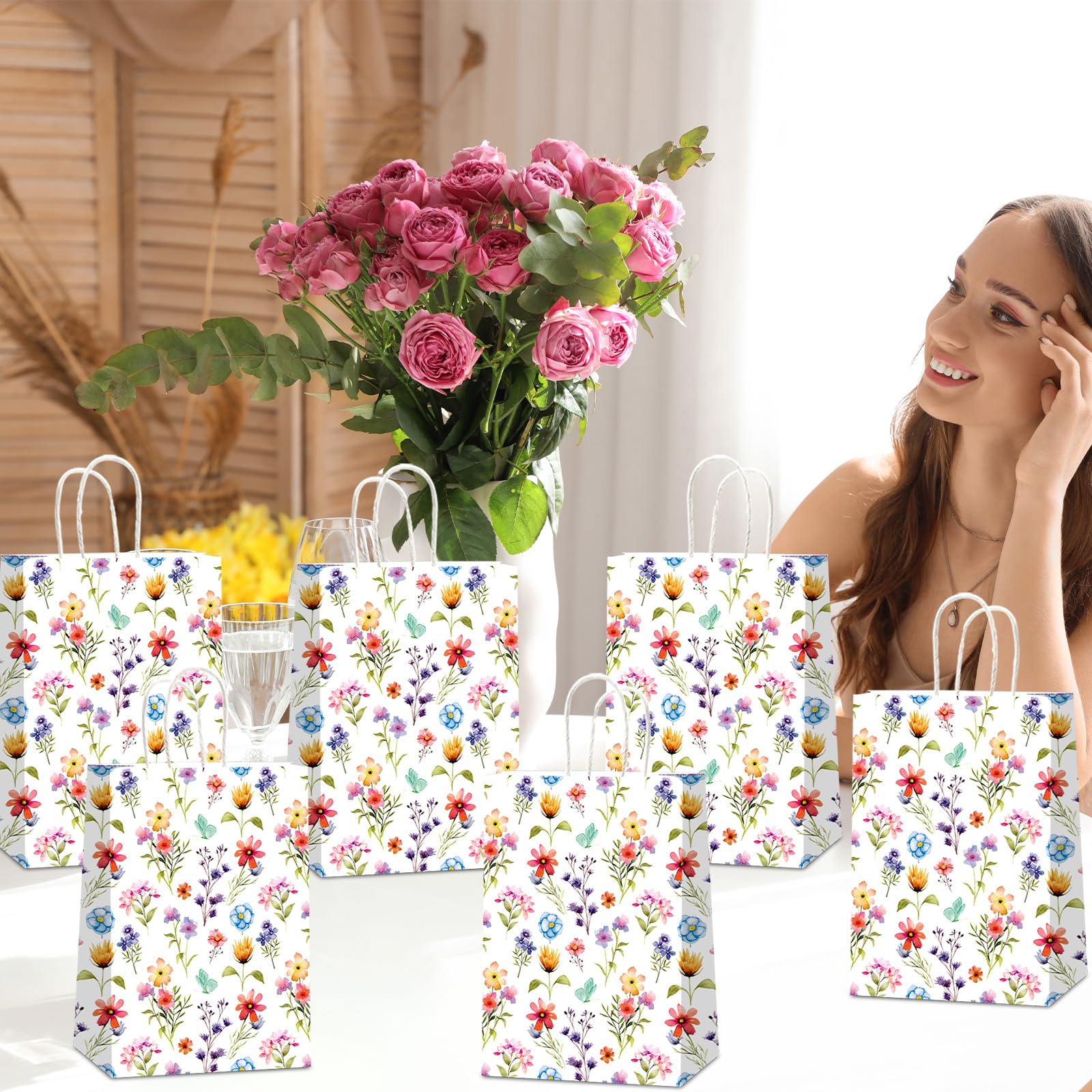 CHUNNIN Wildflower Gift Bags Spring Floral Welcome Flower Party Favors Wildflower Paper Candy Goodie Treat Bags with Handles for Garden Decorations Birthday Tea Bridal Shower Wedding Supplies