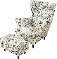 Vista 25 de HAOYONG Juego de Fundas Elásticas para Silla con Alas y Otomana, 2 Piezas de Funda para Silla Wingback y 1 Pieza de Funda Rectangular para Taburete