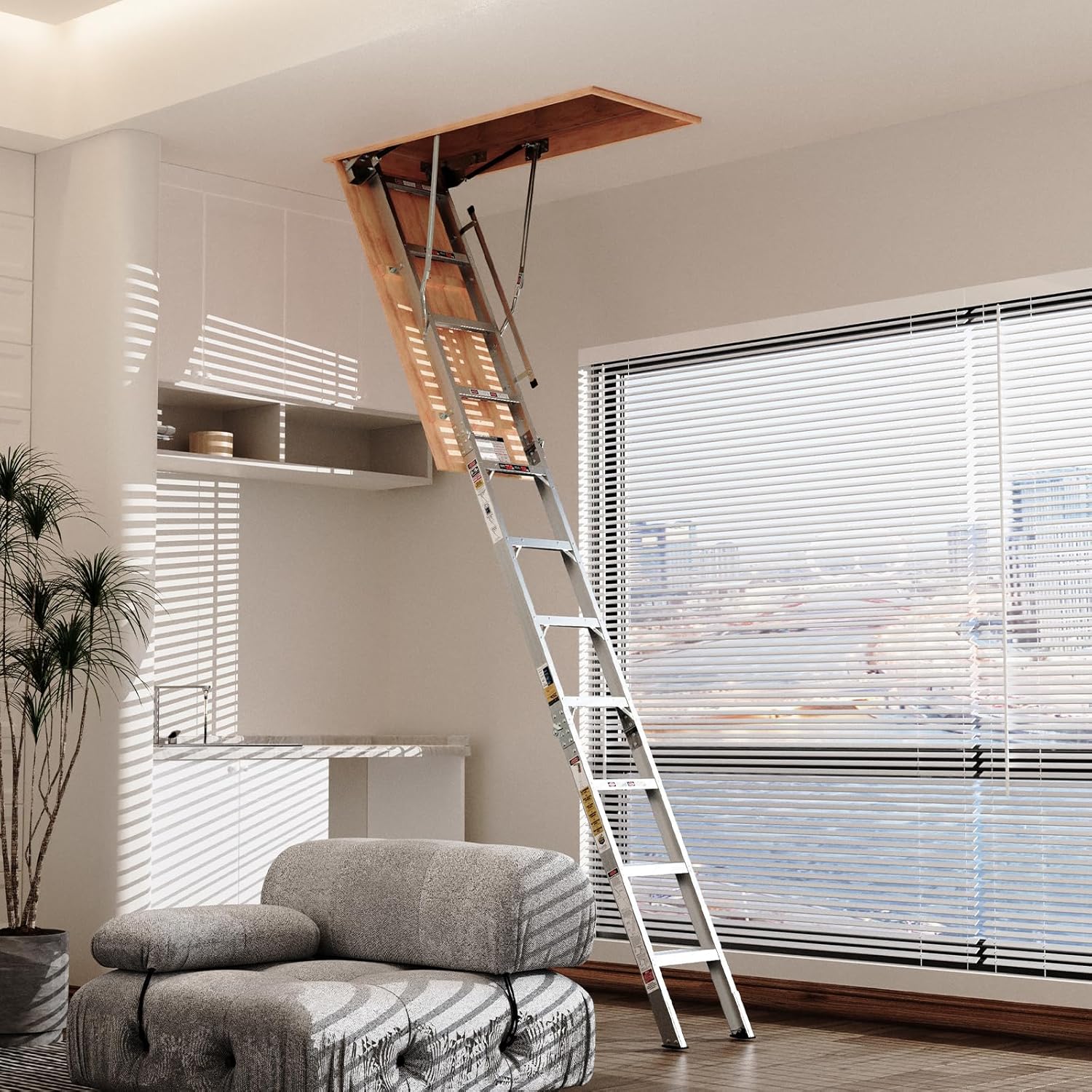 Aluminum Attic Ladder, 350 lbs Capacity Folding Loft Stairs for 7'8"-10'3" Ceilings, 22.5" x 54" Opening, Non-Slip Steps, Space-Saving Pull Down Design