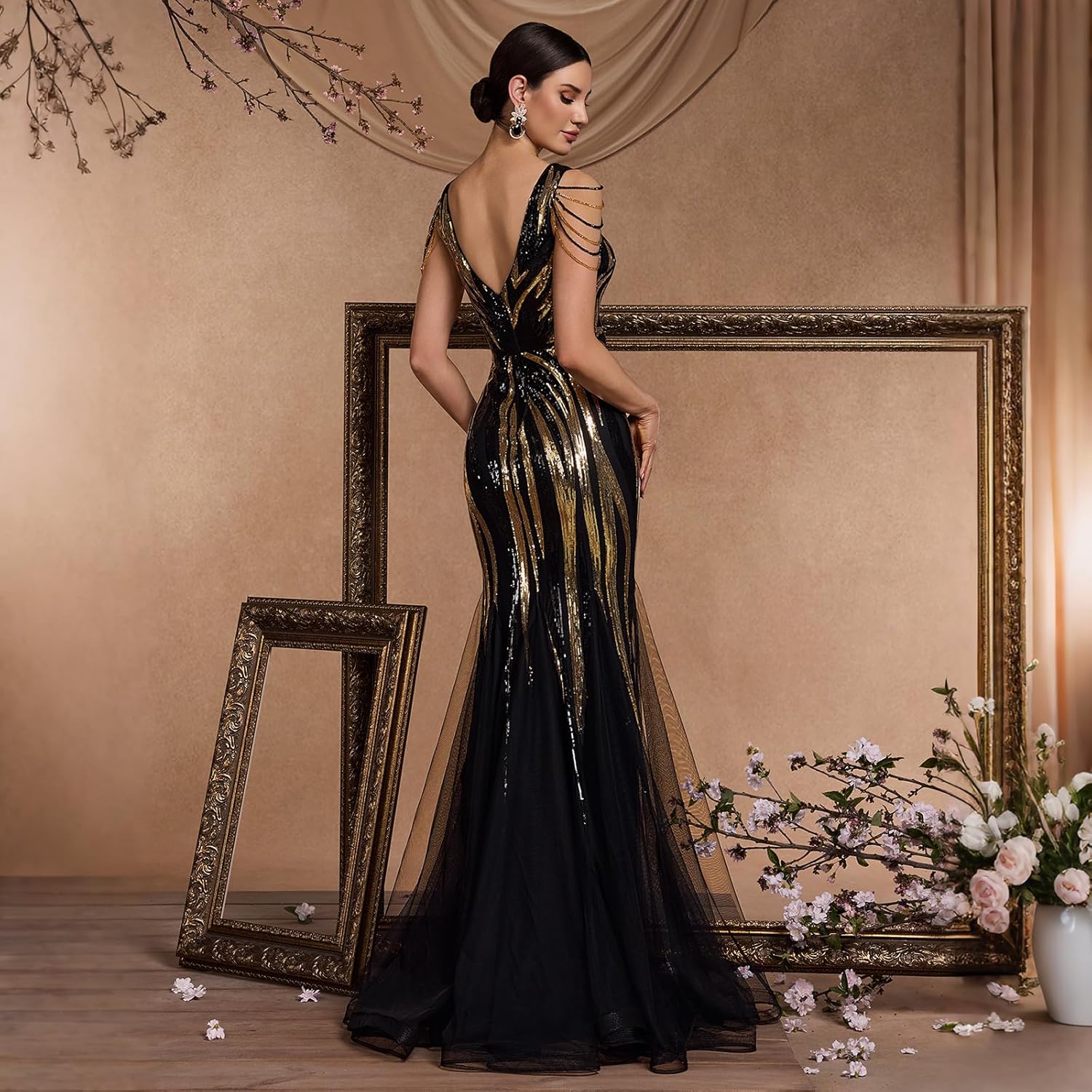 Formal Wedding Guest Dress for Women, Beaded V-Neck Sleeveless Mermaid Cocktail Dress with Elegant Split Hem - Image 2