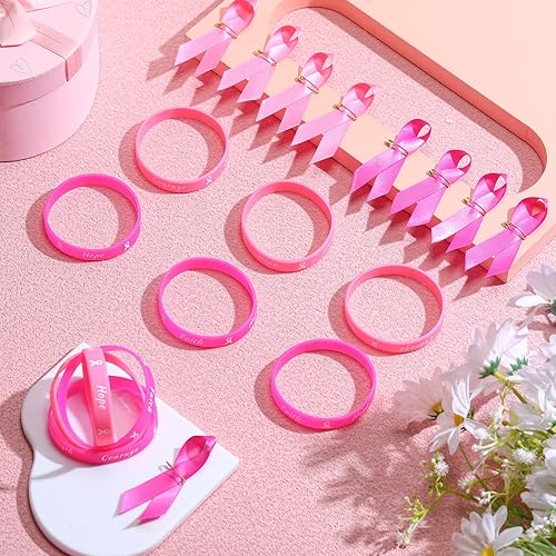 Miniatura 8 de Sratte 400 pines de solapa para concientización del cáncer de mama y pulseras de cinta rosa, 200 pulseras de goma, 200 pines de cinta rosa,