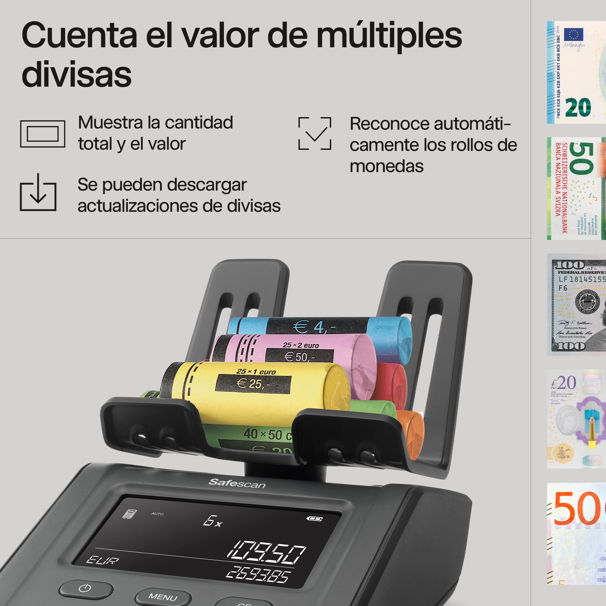 Safescan 6175 Máquina para contar dinero cuenta valor de monedas, billetes, vales y fichas -Cuenta monedas con reconocimiento automático de rollos -Balanza de dinero que guarda resultados del conteo