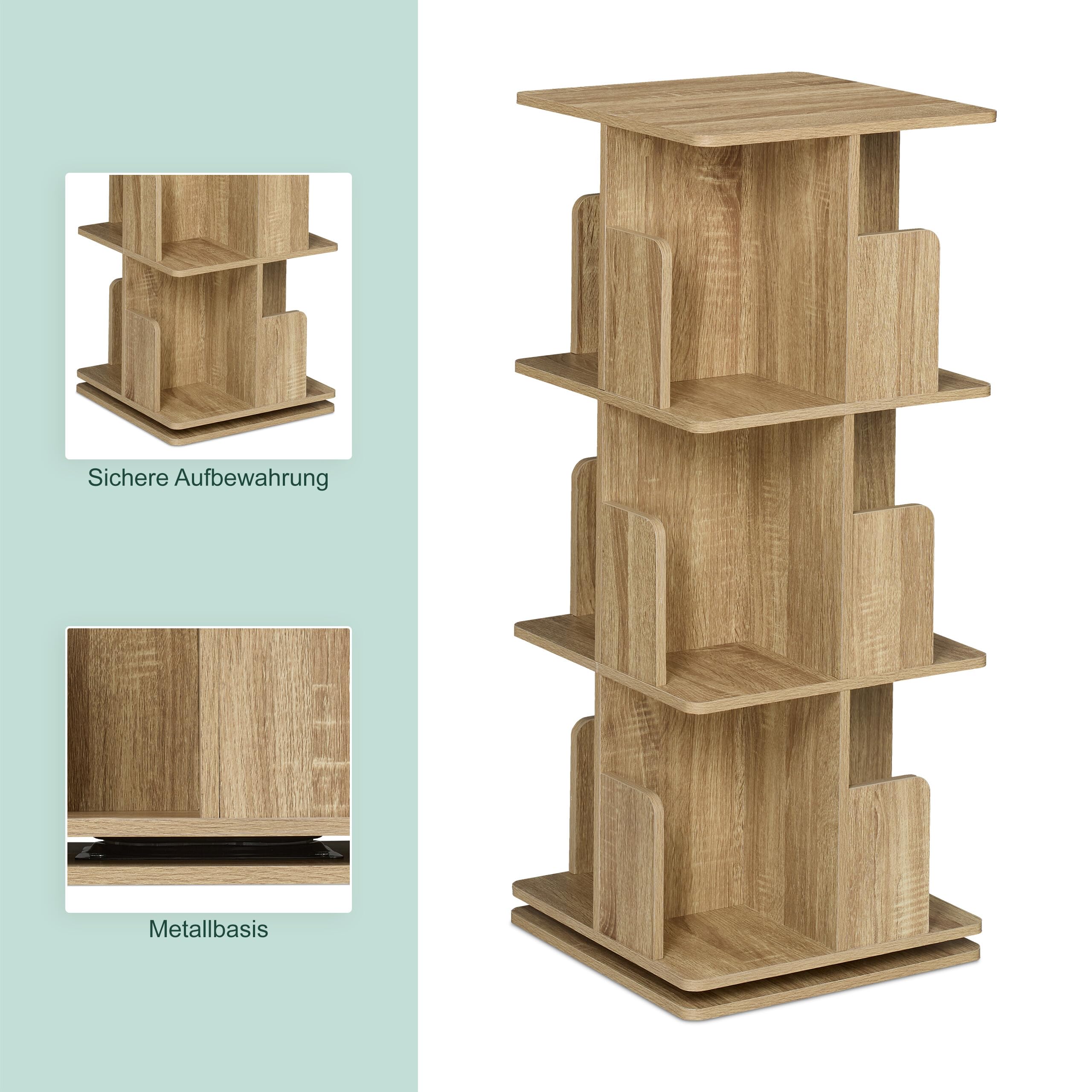 Relaxdays Bücherregal, 360 Grad drehbar, 3 Ebenen, Holzoptik, Bücher, HBT: 95 x 39 x 39 cm, Wohnzimmer Drehregal, natur