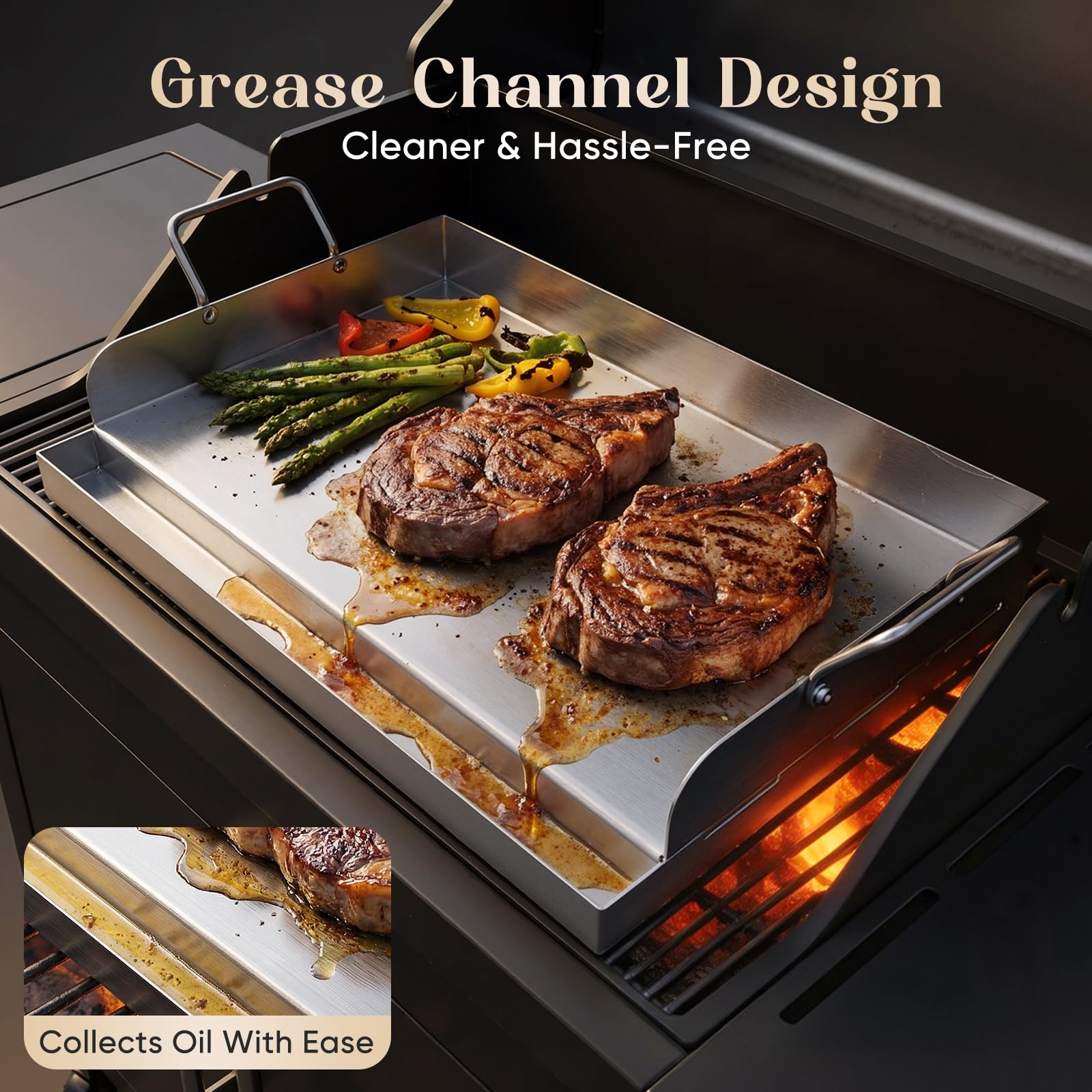 Piastra per barbecue in acciaio inox, 54 x 41 cm, grande piastra con 2 spatole, piastra per barbecue con manico rimovibile e canalina di raccolta grasso alta 3 cm, per barbecue a gas e