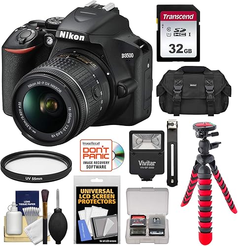 Nikon D3500 - Cámara réflex digital y lente VR DX AF-P de 0709-2165in con tarjeta de 32 GB  funda  trípode  flash  kit