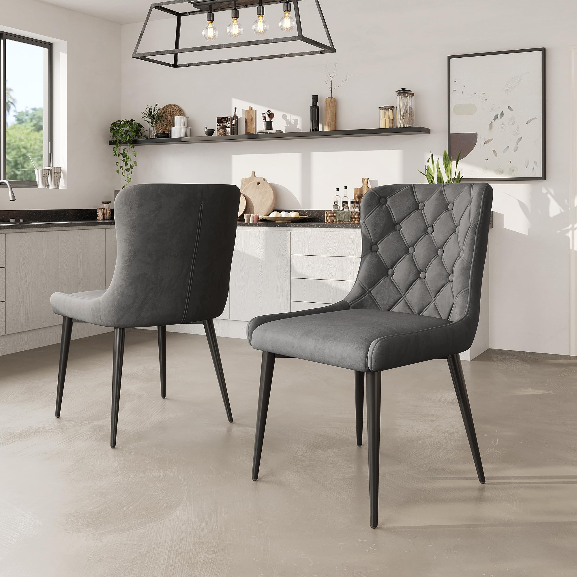 YESGIGA Sillas de comedor con respaldo, Silla de cocina con tapicería de terciopelo Silla acolchada de metal, Silla ergonómica, patas de hierro plateadas (2, gris oscuro B)