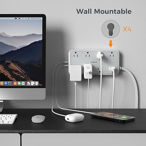 Miniatura 7 de TESSAN - Protector de sobretensiones de 10 pies, cable de extensión de enchufe plano TESSAN con 8 tomas, 3 puertos USB (1 USB C), estación de carga
