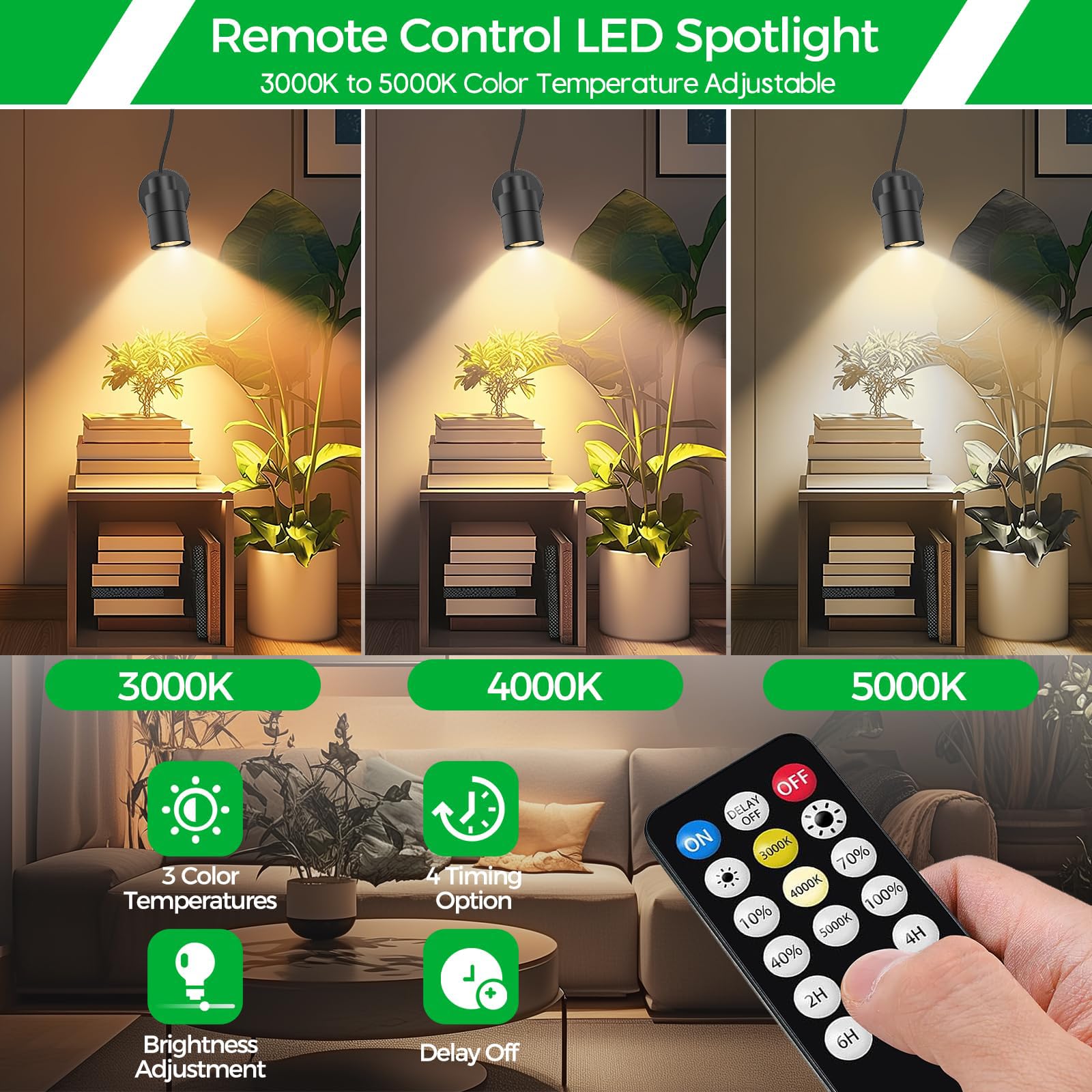 JIAQIYAN LED Spotlight Indoor Uplighting: 5W Up Lights Indoor with Remote Dimmable & Timer, 3000K/4000K/5000K Adjustable Light for Corners Plants Pictures Artwork, Spot Lights Indoor with 5.9 FT Cord